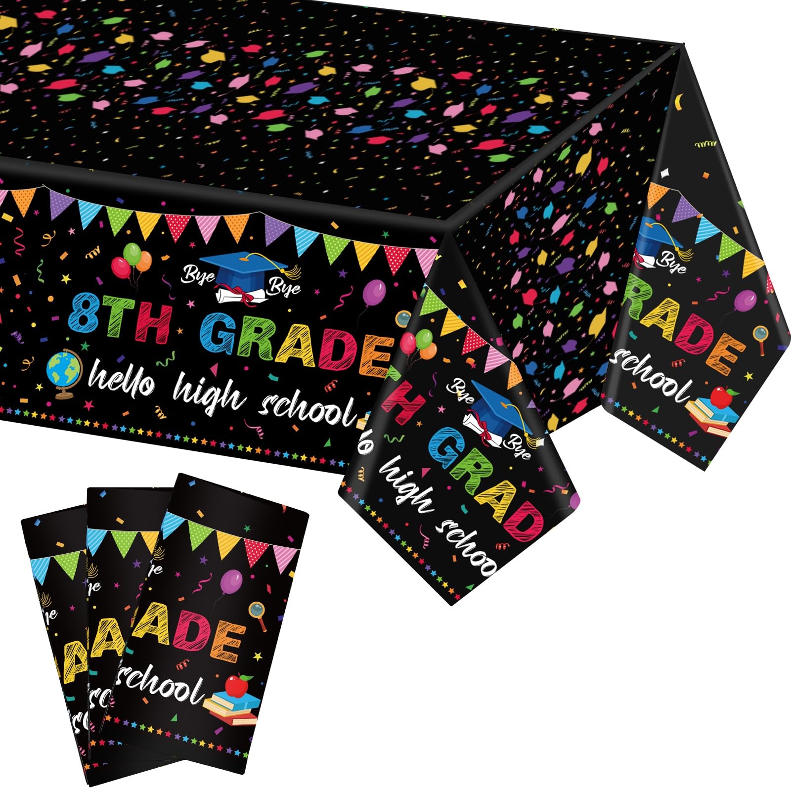 FuWeave 3 Pcs 8th Grade Graduation Tablecloth Decorations Plastic Table Cover 54 x 108 Inch Grade Hello High School Graduation Confetti Party Decor