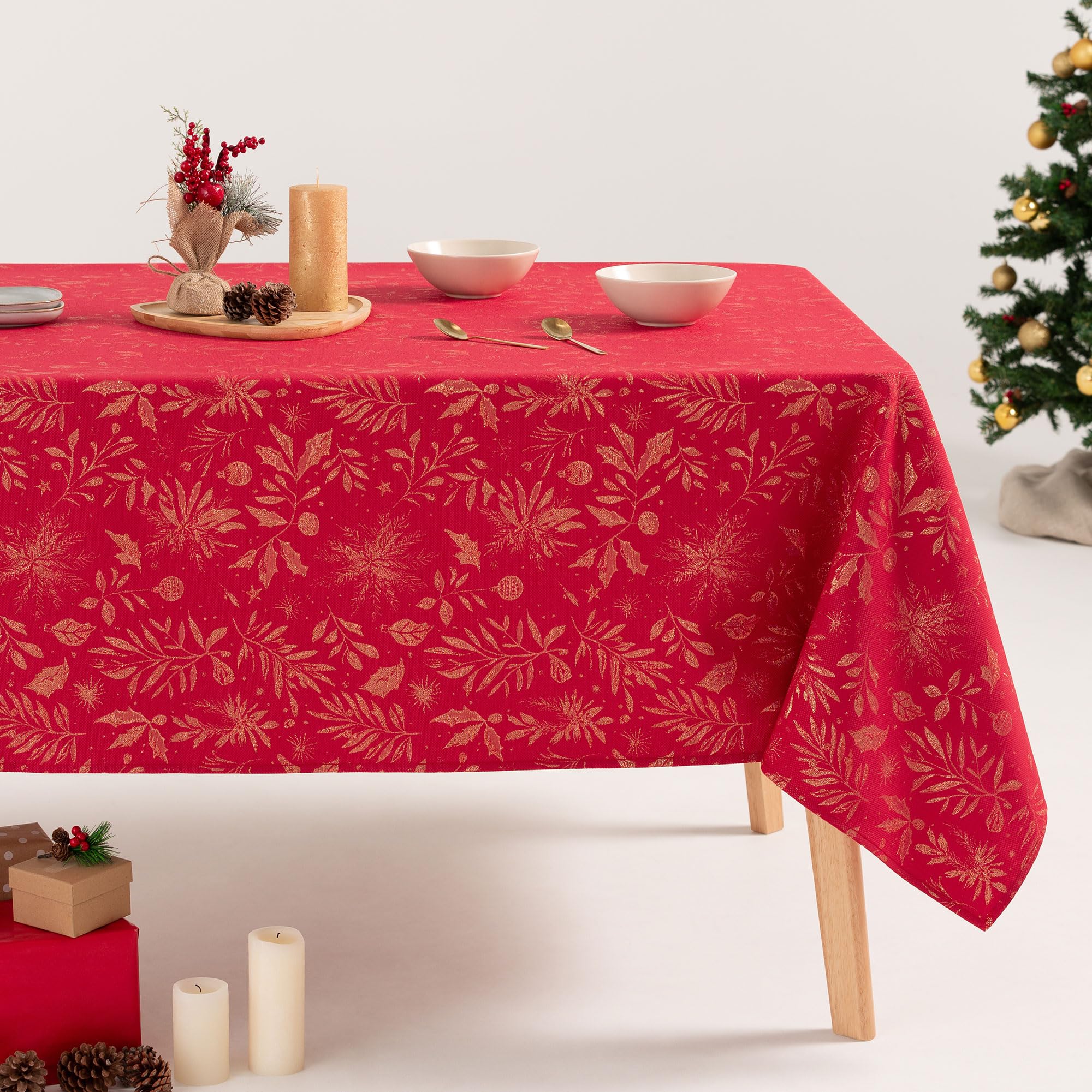 Gamusi Red Tablecloth Christmas Floral Jacquard Golden Thread Dining Table Rectangular Christmas Decoration 140 X 240 Cm
