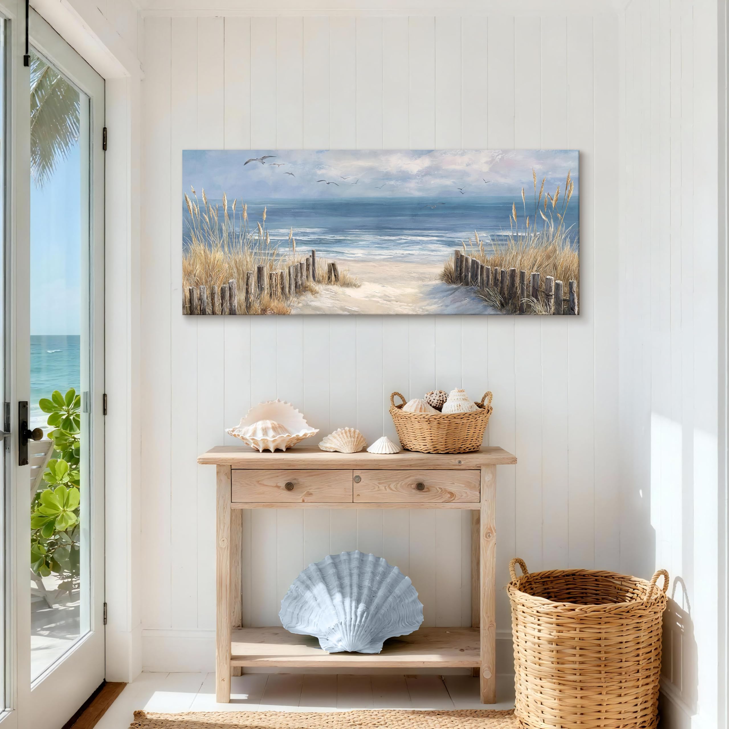 Marco de Madera Grandes Cuadros Decoracion Salon Costa Azul Océano Playa de Arena Pintura Paisaje Marino Juncos Gaviota Lienzo Decorativos Pintura Imagen Cuadros Decorativos Salon Dormitorio 50x120cm