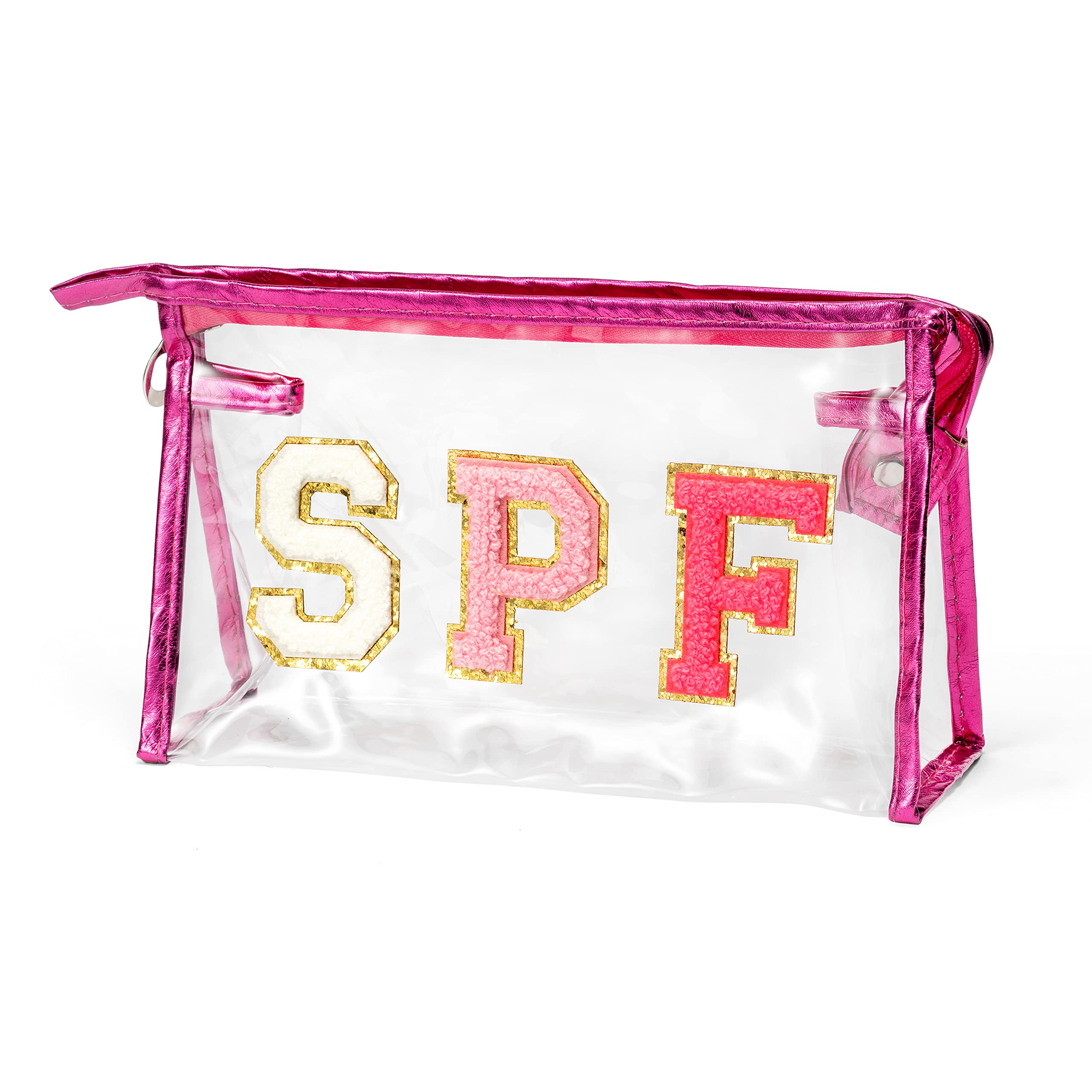 AsodSway Preppy Patch SPF Cosmetic Bag Summer SPF Varsity Letter Clear Toiletry Makeup Bag Waterproof PVC Cosmetic Case Multi-Function Zippered Makeup