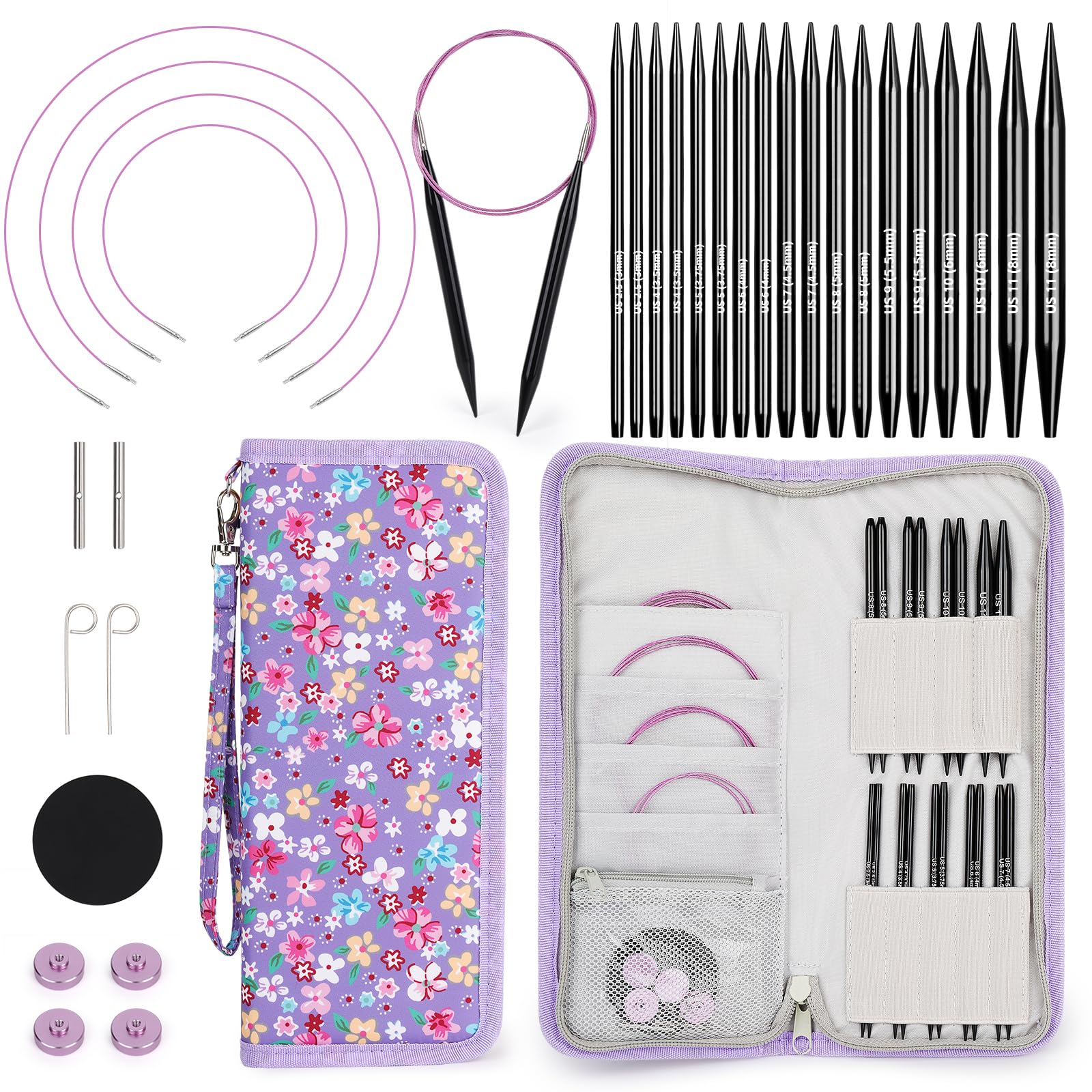 Coopay Circular Knitting Needles Set, 9 Pairs Metal Interchangeable Circular Knitting Needles Set with Case, Cables & Accessories, 3.0mm-8.0mm Aluminum Round Knitting Needle for Beginners