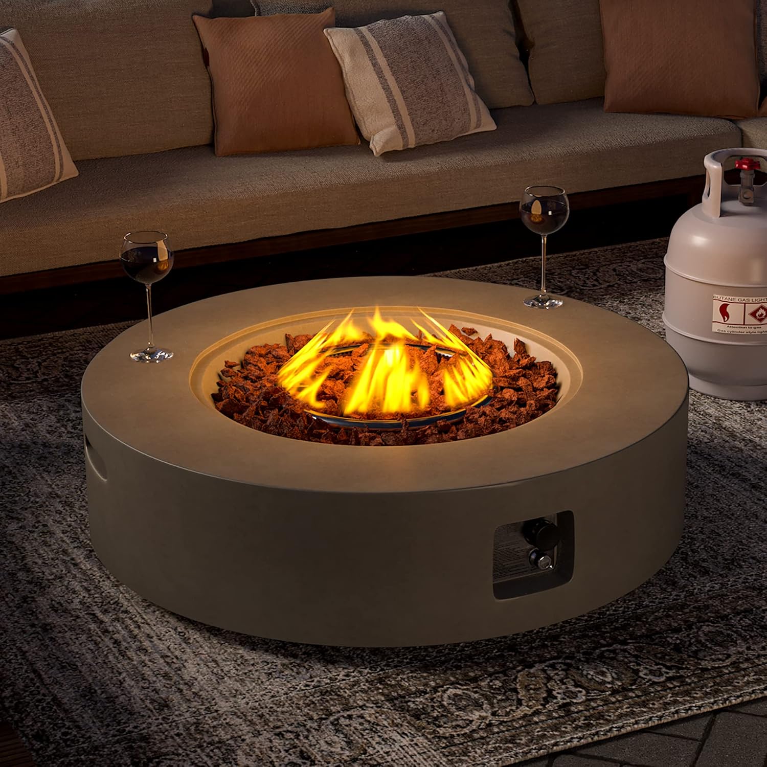 SUNBURY Outdoor 42" Propane Fire Pit Table, 50000 BTU Gray Patio Fire Table, Concrete Round Gas Fire Table w Lava Rocks