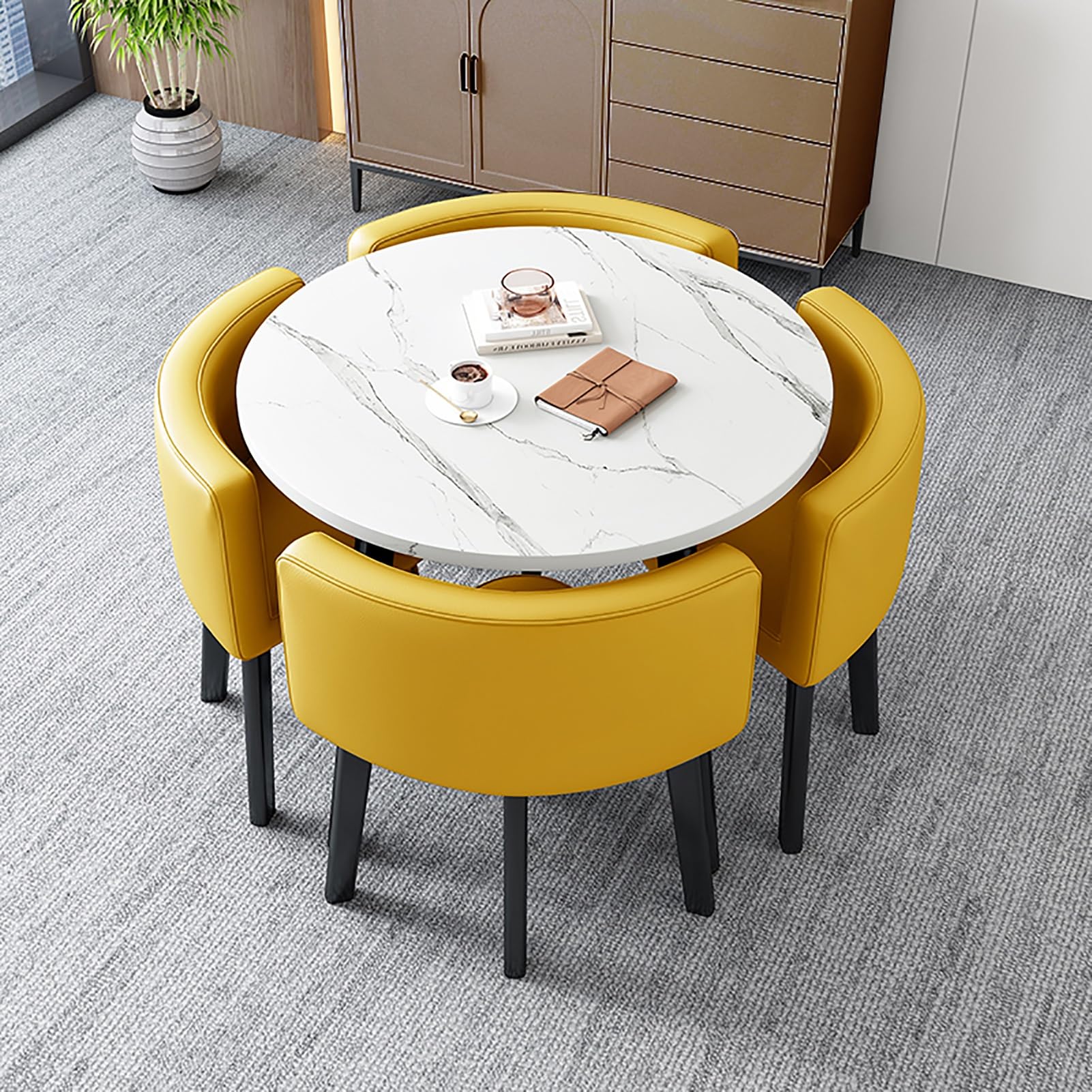 Set da pranzo rotondo PUMPIE da 4 pezzi, ideale per casa, balcone, tempo libero, ufficio, caffè e pranzo, oppure con sedie gialle, perfetto per hall di hotel, sale riunioni e piccoli tavolini.