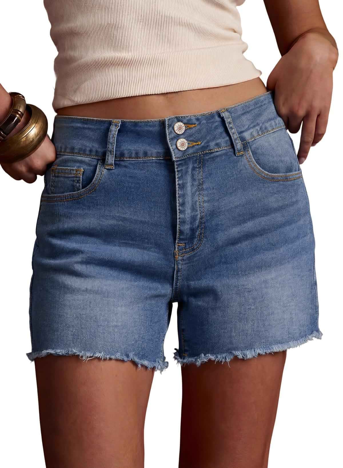 Sidefeel Women's Jean Shorts High Waisted Denim Shorts Stretch Denim Fabric,Button Up,Summer,Raw Hem,Vacation,Casual Wear,5 Pockets