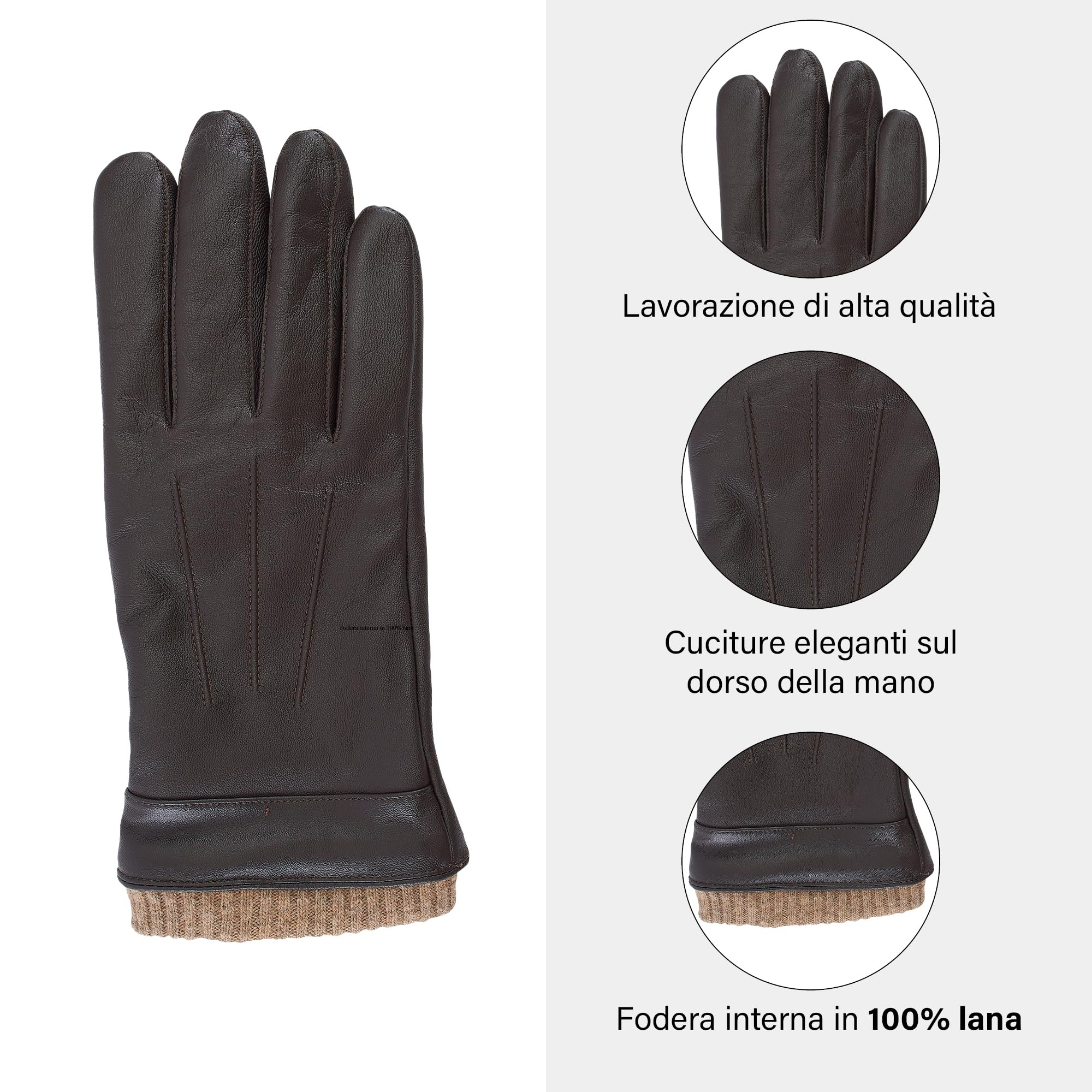 Guanti in pelle da uomo - Fodera interna in 100% lana - Guanto con funzione touch smartphone - Elegante guanto invernale - 100% nappa di pecora