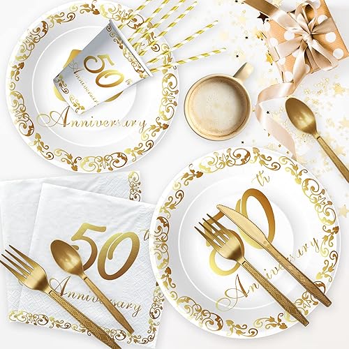 Miniatura 5 de APOWBLS Decoraciones y suministros para el 50 aniversario – Decoración dorada de aniversario de boda de 50 años, plato de fiesta, taza, servilleta,