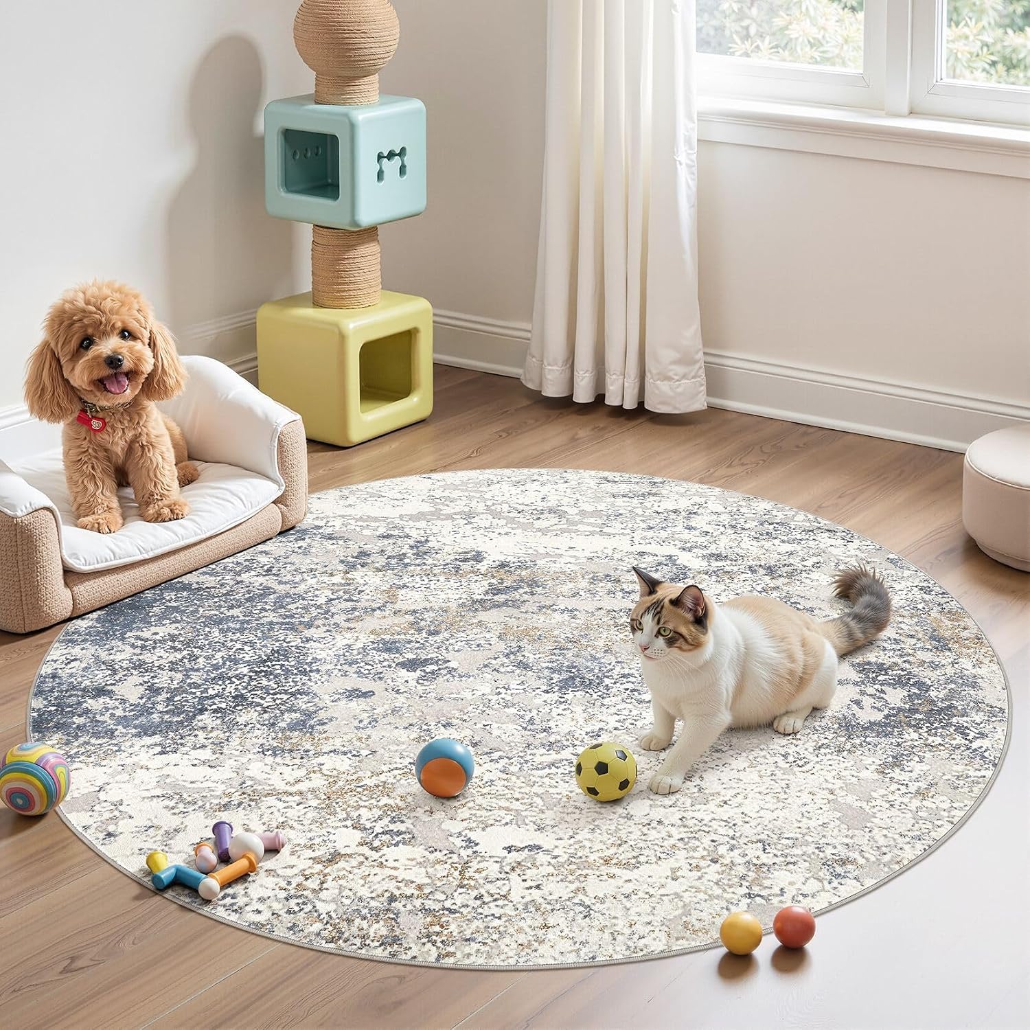 DMOYEST 6ft Round Area Rug Living Room Rugs - 6x6 Washable Large Soft Indoor Modern Abstract Low Pile Rug Carpet for Bedroom Dining Room Farmhouse Home Office - Beige Blue