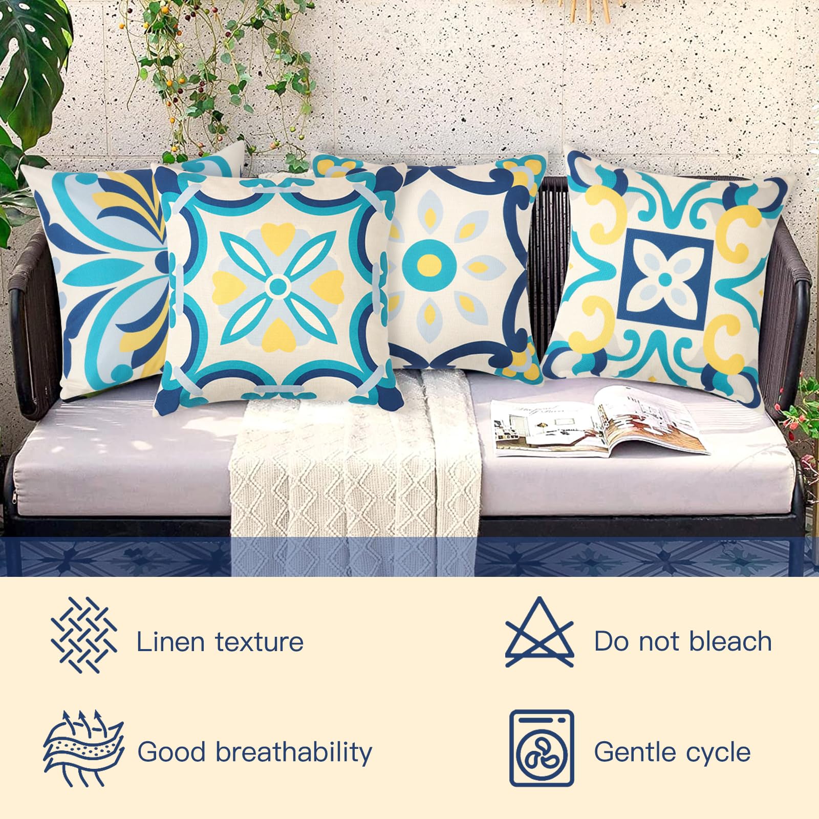 Set di 4 Federe Cuscini per Divano 45x45 cm Impermeabili Bohémien con Fiori Geometrici per Esterno Balcone Patio
