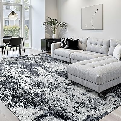 Washable Area Rugs 8'x10' Non-Slip Modern Abstract Soft for Living Room Entryway Bedroom Nursery, Print Pattern, Blue Grey Navy Gray