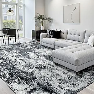 Washable Area Rugs 9'x12' Non-Slip Modern Abstract Soft for Living Room Entryway Bedroom Nursery, Print Pattern, Black Gray