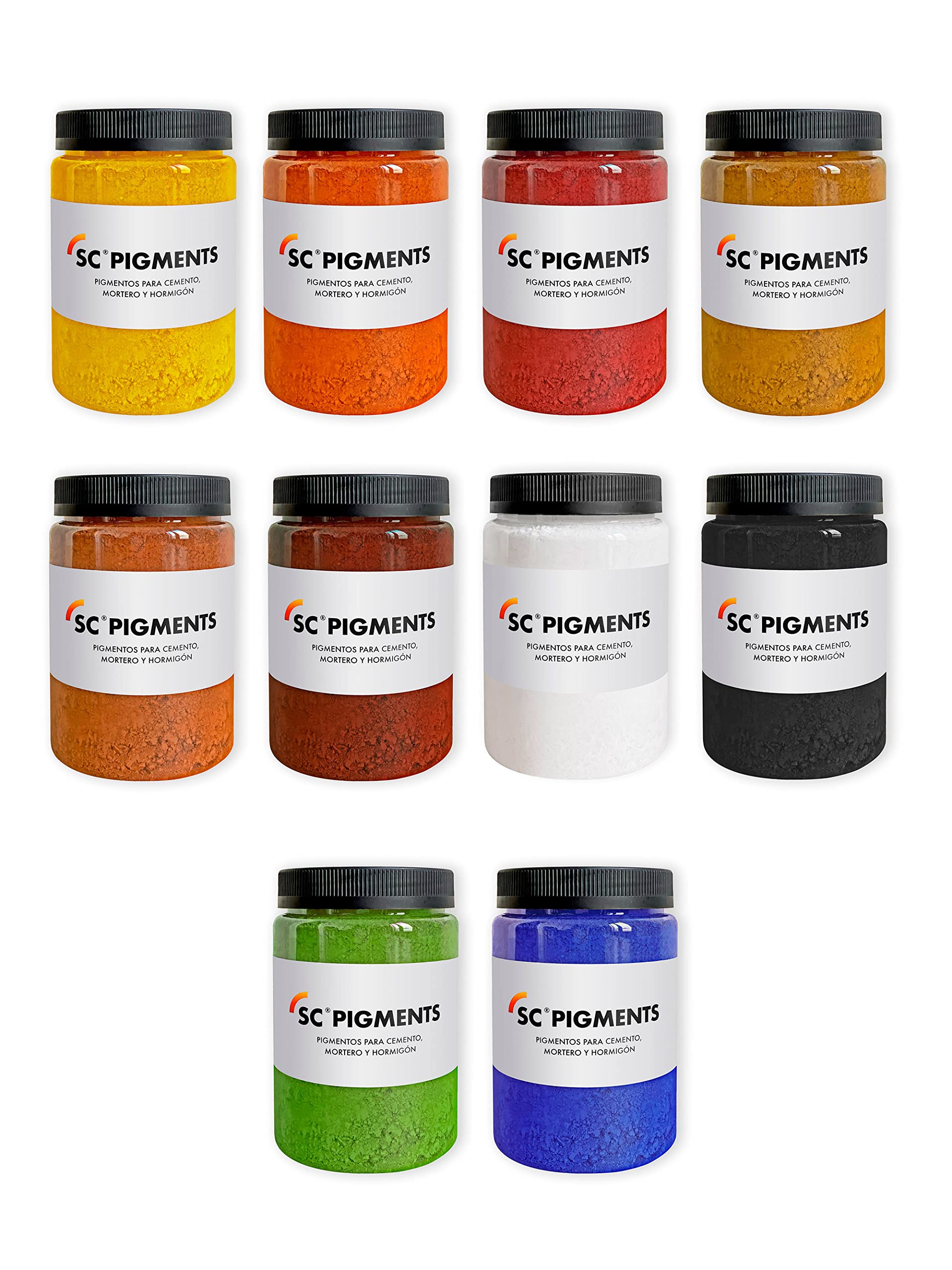 Pack de 10 pigmentos para cemento, mortero y hormigón. SC Pigments® Amarillo, Naranja, Rojo, Pardo Claro, Terracota, Cuero Oscuro, Verde, Azul Ultramar, Blanco y Negro