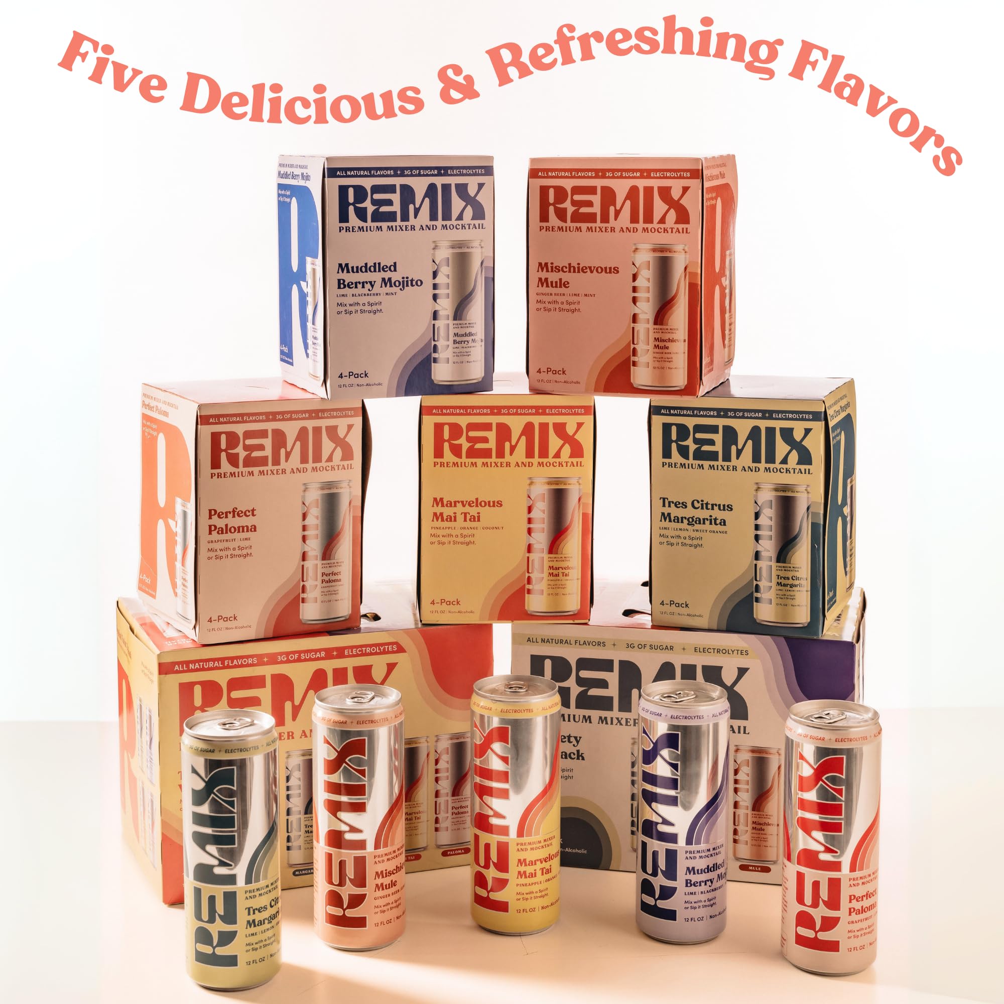 Remix Non-Alcoholic Drinks & Mocktails - Alcohol Replacement Beverage with All-Natural Flavors, Real Juice & Electrolytes - Low Sugar & Calorie Non-Alcoholic Spirits (4 Pack, Muddled Berry Mojito)