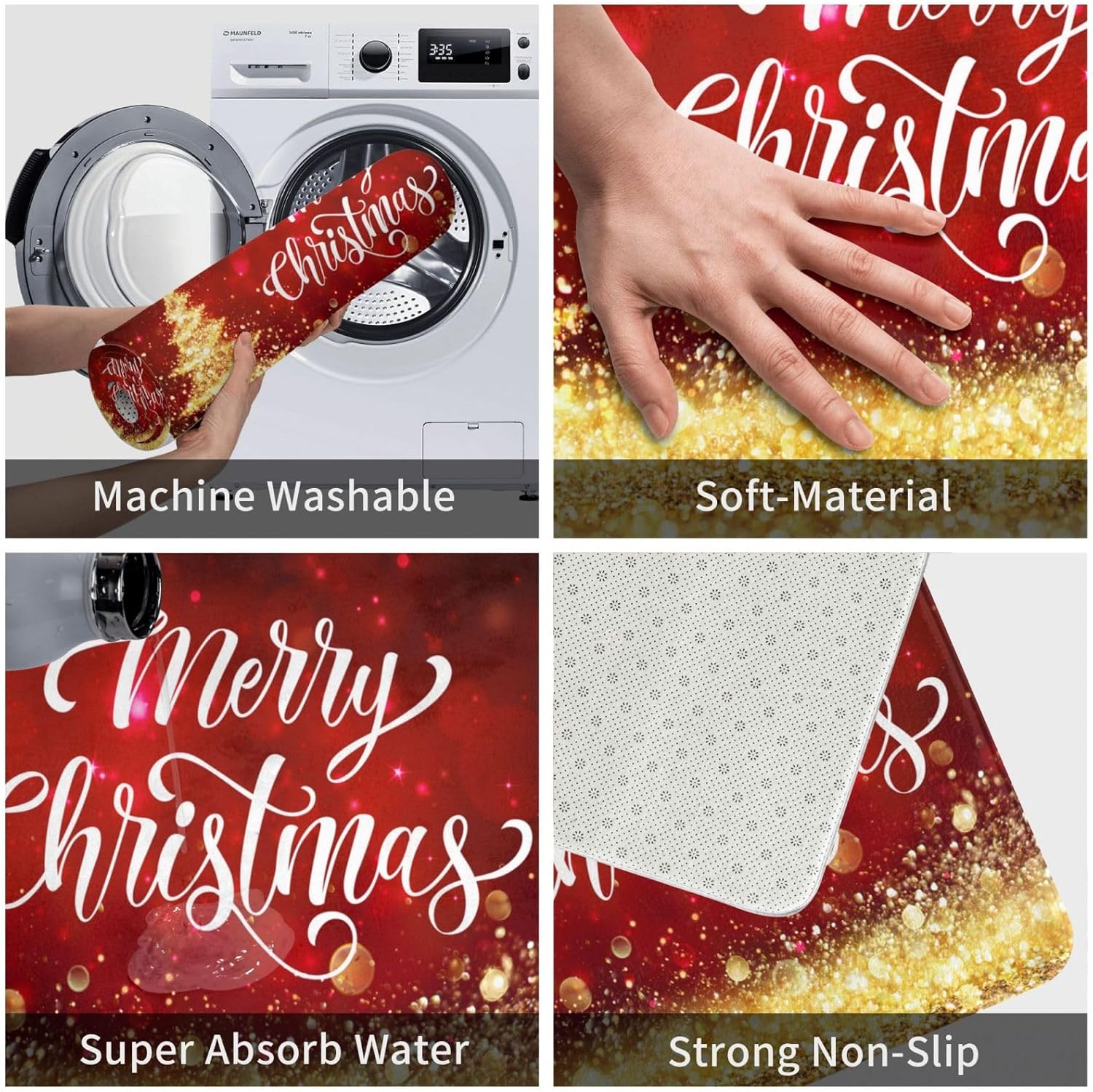 Bath Mat for Bathroom Merry Christmas Red Gold Rugs Shower Mats Memory Foam Rug Non Slip Floor Small Carpet Soft Light Absorbent Washable for Home Hotel Decor 15.7 X 23.6 inch