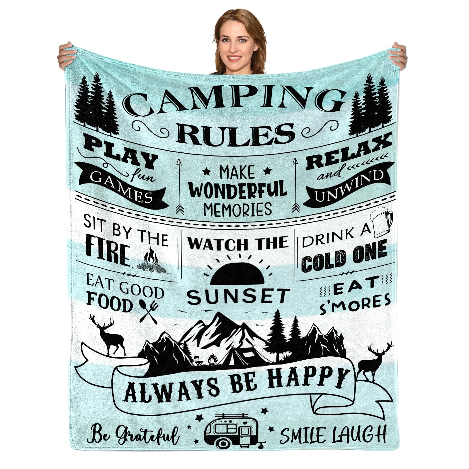 BUUGVIIL Camping Gifts for Women/Men, Camping Rules Blanket, Camp Stuff, Camp Essentials, Camper Decor for Outdoors, RV Owners Travel 60"x50"
