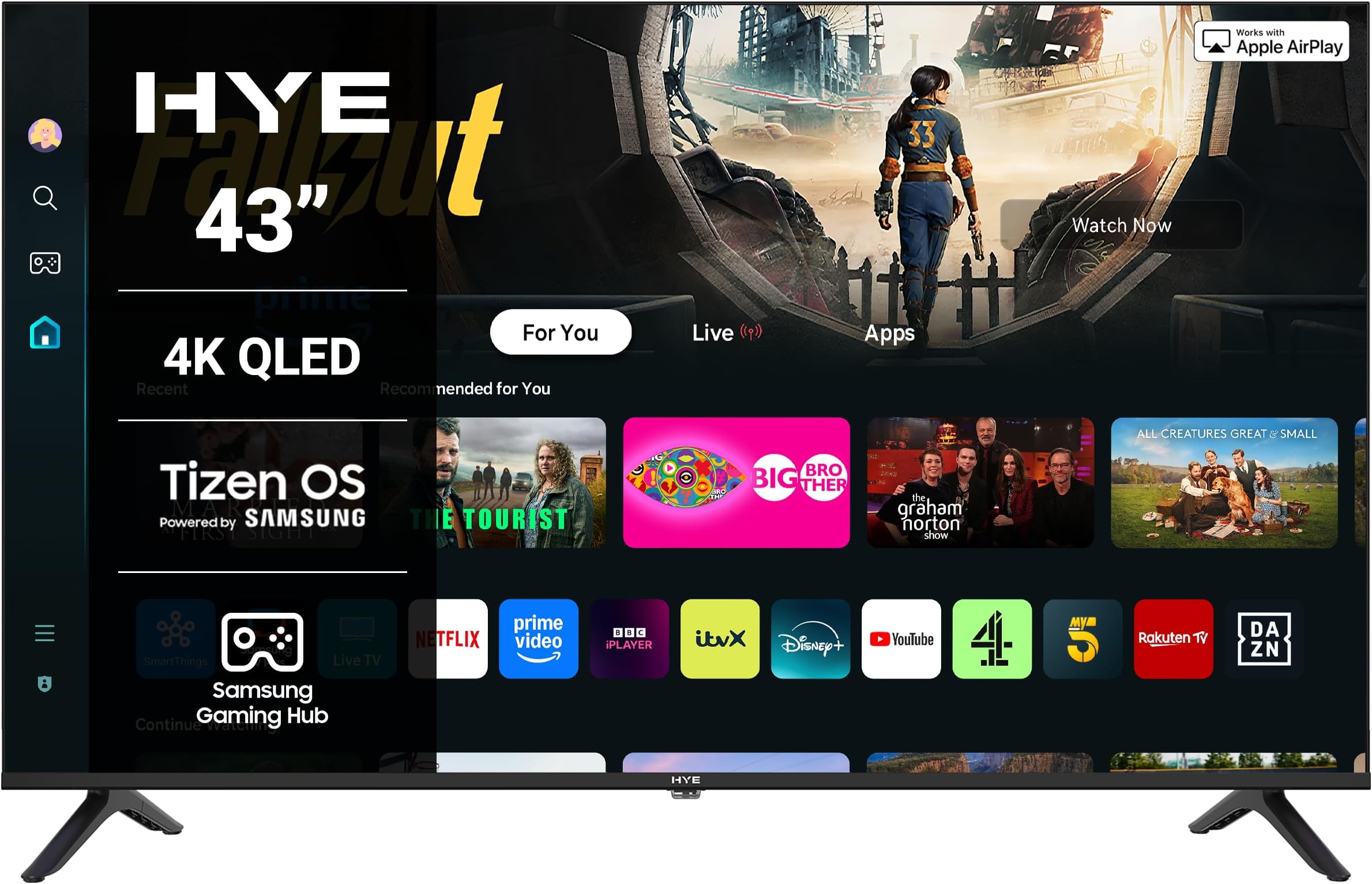 HYE TV - Smart TV, 43" Screen Size, 4K Resolution, QLED Technology, Apple AirPlay, Samsung Tizen OS & Gaming Hub, Versatile Connectivity, Black, Perfect For Streaming, Gaming & Entertainment