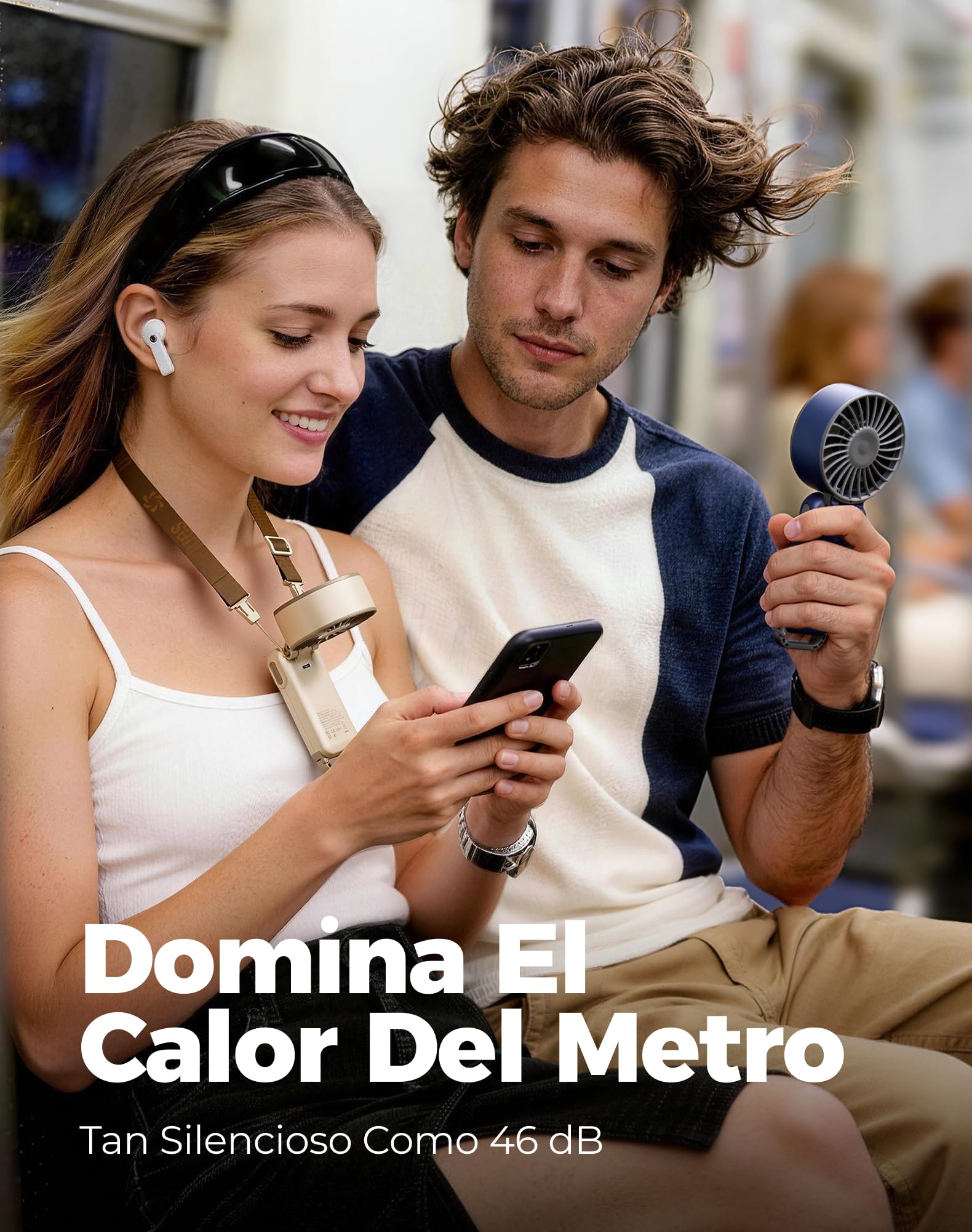 Diveblues Ventilador de Mano Turbo Portátil, 100 Velocidad, Flujo de Aire Potente de 7,4 m/s, Mini Ventilador Plegable 180° 4-en-1 para Mano, Cuello o Mesa, Recargable para Verano, Viajes y Exterior