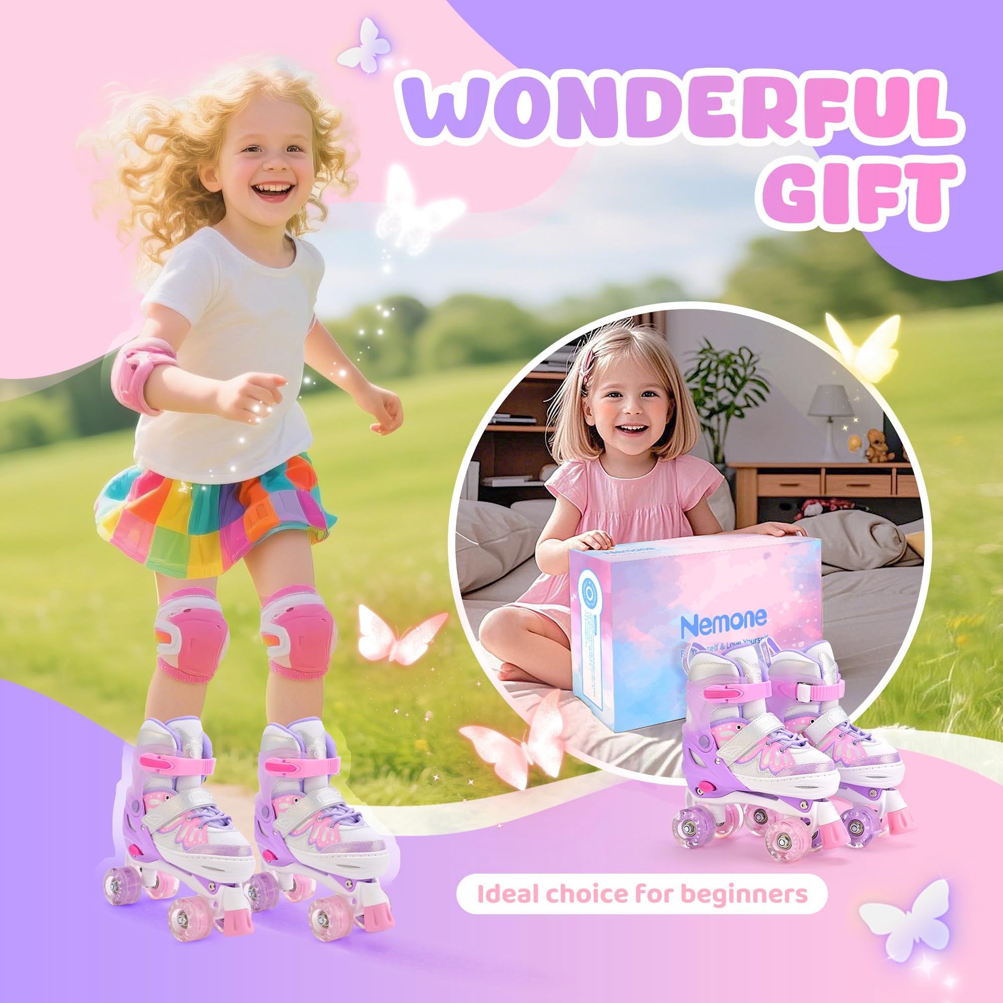 NEMONE 4 Size Adjustable Light up Roller Skates for Girls, Butterfly Roller Skates for Kids Ages 4-6 5-8 6-12 8-12, Todder Beginner Skates Indoor Outdoor Pink Purple S