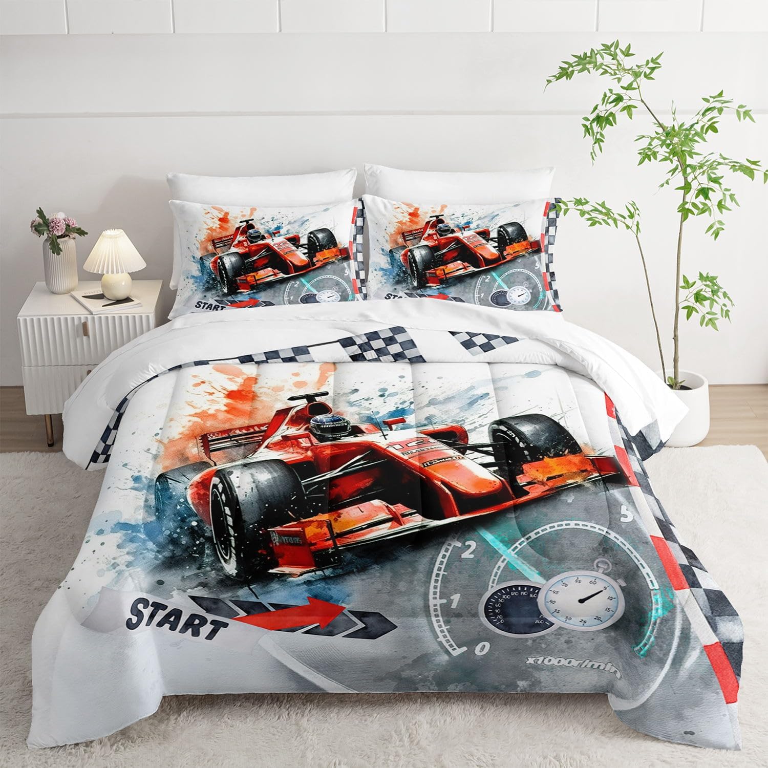 7Pcs Comforter Set Red Racing Speedometer Dial Printed Bedding Set with 1 Comforter,1 Flat Sheet,1 Fitted Sheet and 4 Pillowcases for Boys and Girls Bedroom All Season(Queen)