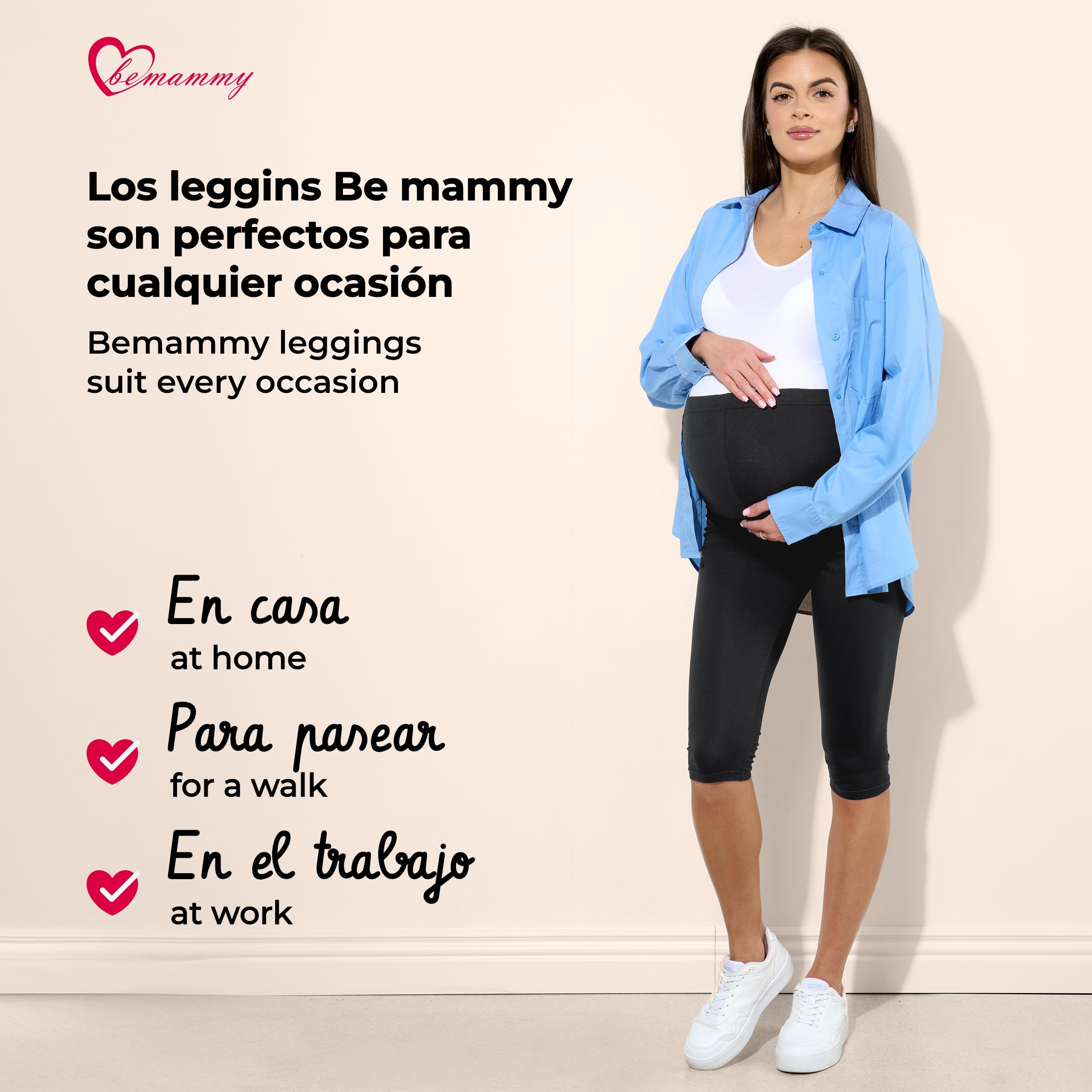 Be Mammy Leggins Premamá 3/4 2 Pack BE20-229 | Pack de 2 mallas capri premamá suaves, elásticas y cómodas para embarazo