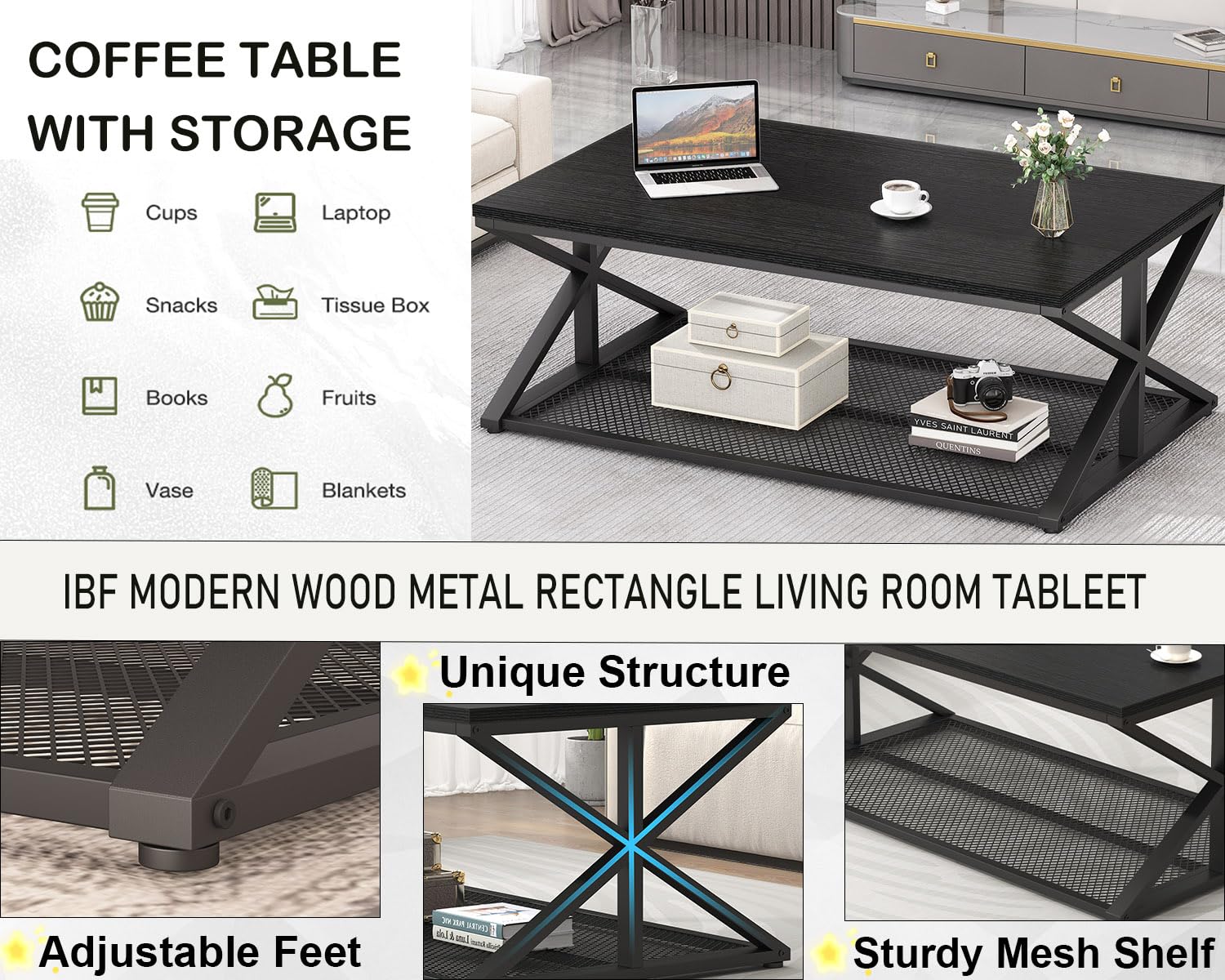 IBF Couchtisch mit Stauraum Wohnzimmertisch aus Holz Metall Industrieller Moderner Couch Wohnzimmer Tisch Mitteltisch mit Netzablage für Wohnzimmer Küche Schlafzimmer, Schwarze 120B cm