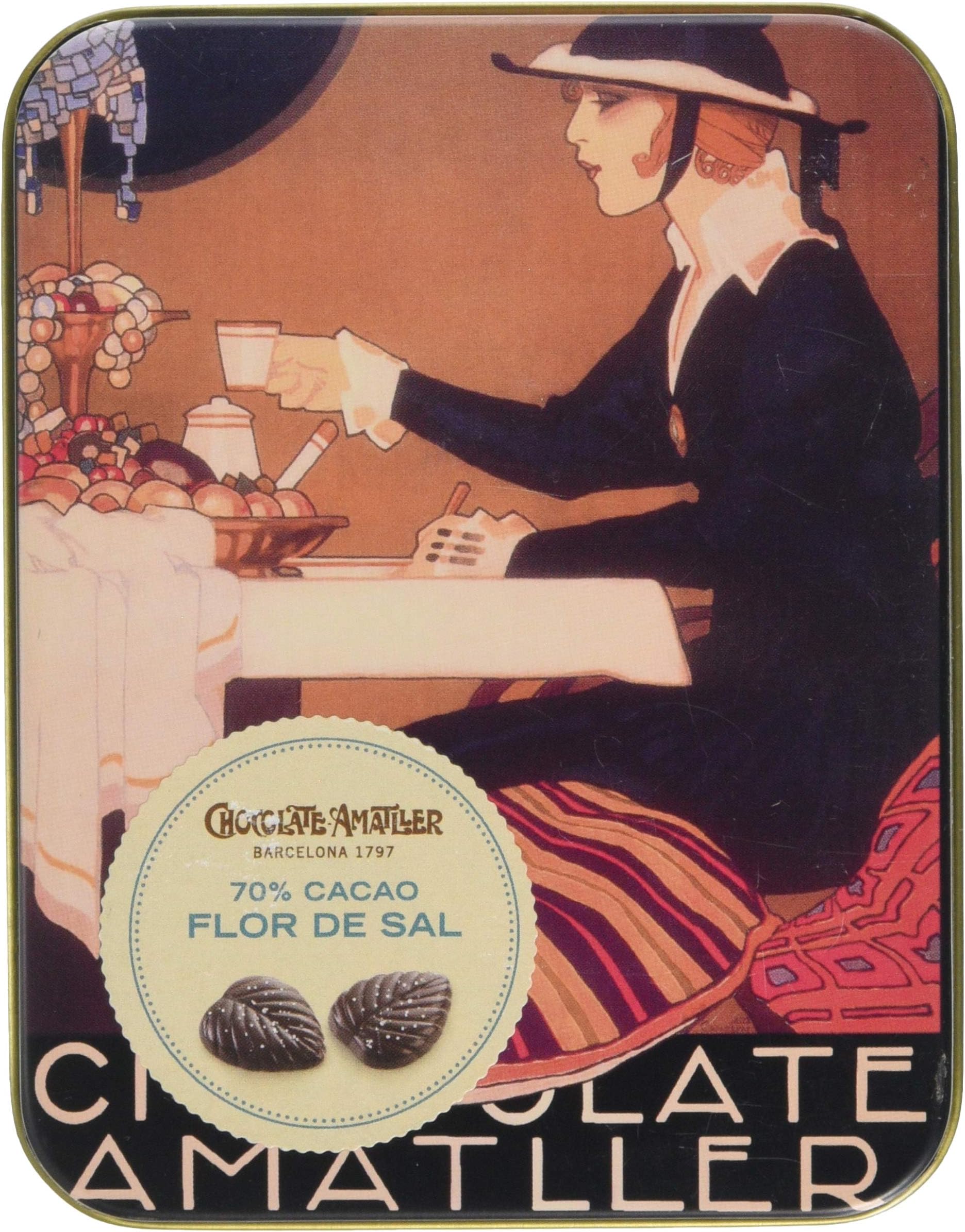 Amatller Tins of 70 Percent Dark Chocolate with Sea Salt Leaves 60 g (Pack of 2)