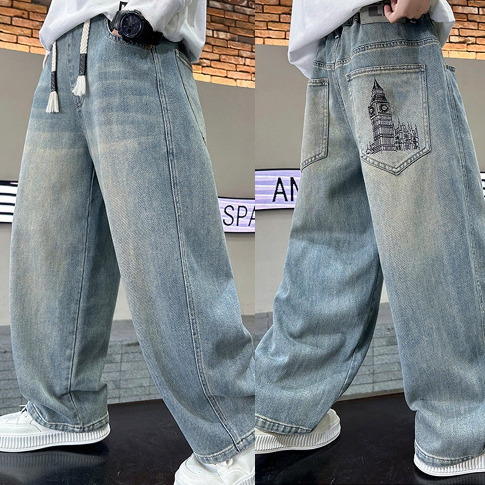 Générique Pantalons en Denim Jean Baggy Garçon Printemps Automne Enfants Slim Fit Tapered Jeans Garcon Pantalon Noir École Loisirs Été Chat Pâques Années 90 Hip Hop Streetwear Cadeau