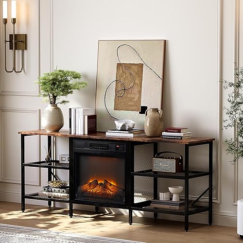 Miniatura 17 de VINGLI Soporte de TV con Chimenea para Televisores de hasta 70 Pulgadas, Centro de Entretenimiento Estilo Granja con Calentador de Chimenea Roble