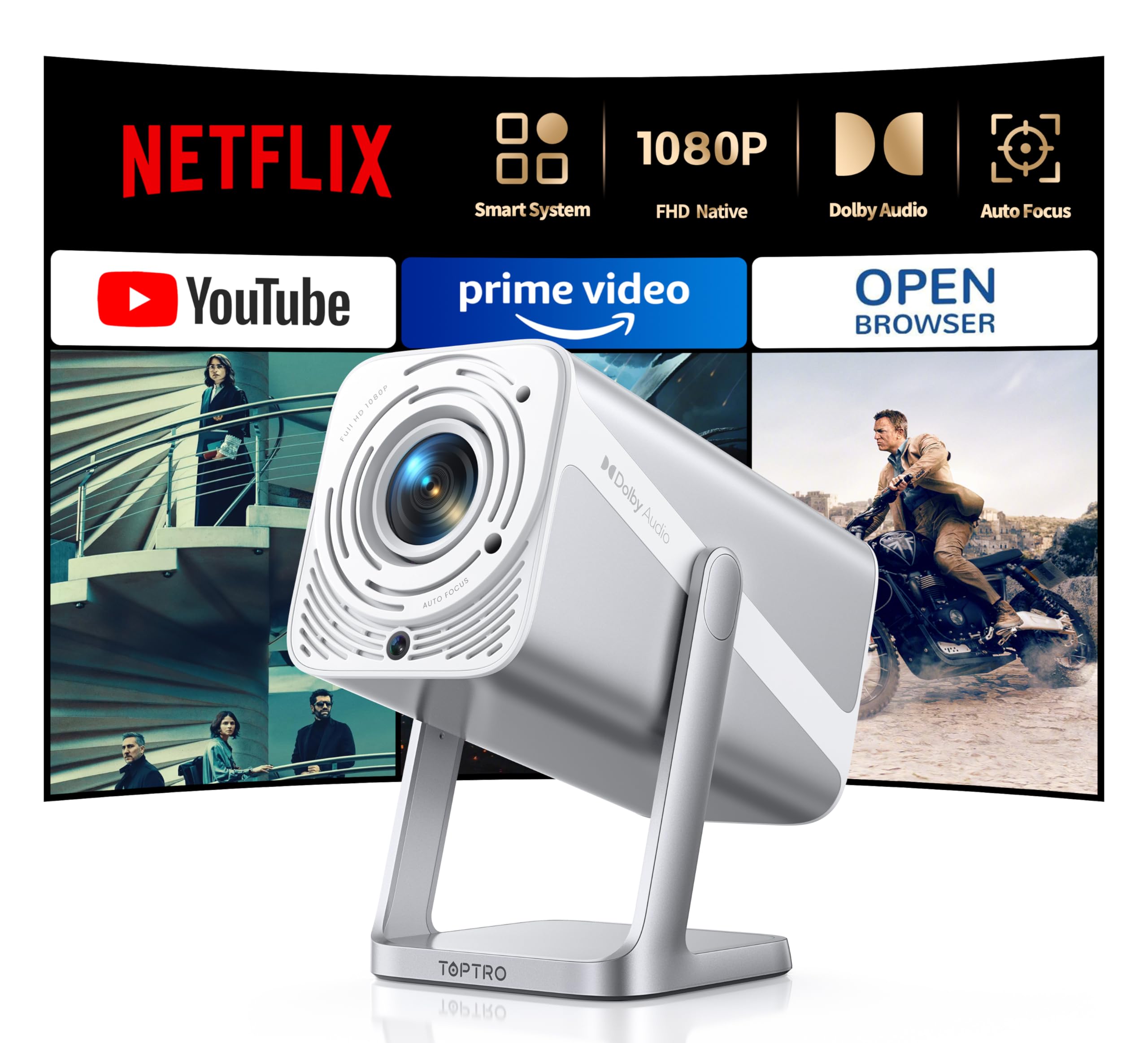 Smart Projector 4K with Dolby Audio|Compatible with Netflix|Autofocus/Keystone, 1080P Portable Mini Projecteur with WiFi6/Bluetooth5.2/360°Rotating Stand, TOPTRO Short Throw Indoor/Outdoor Projectors