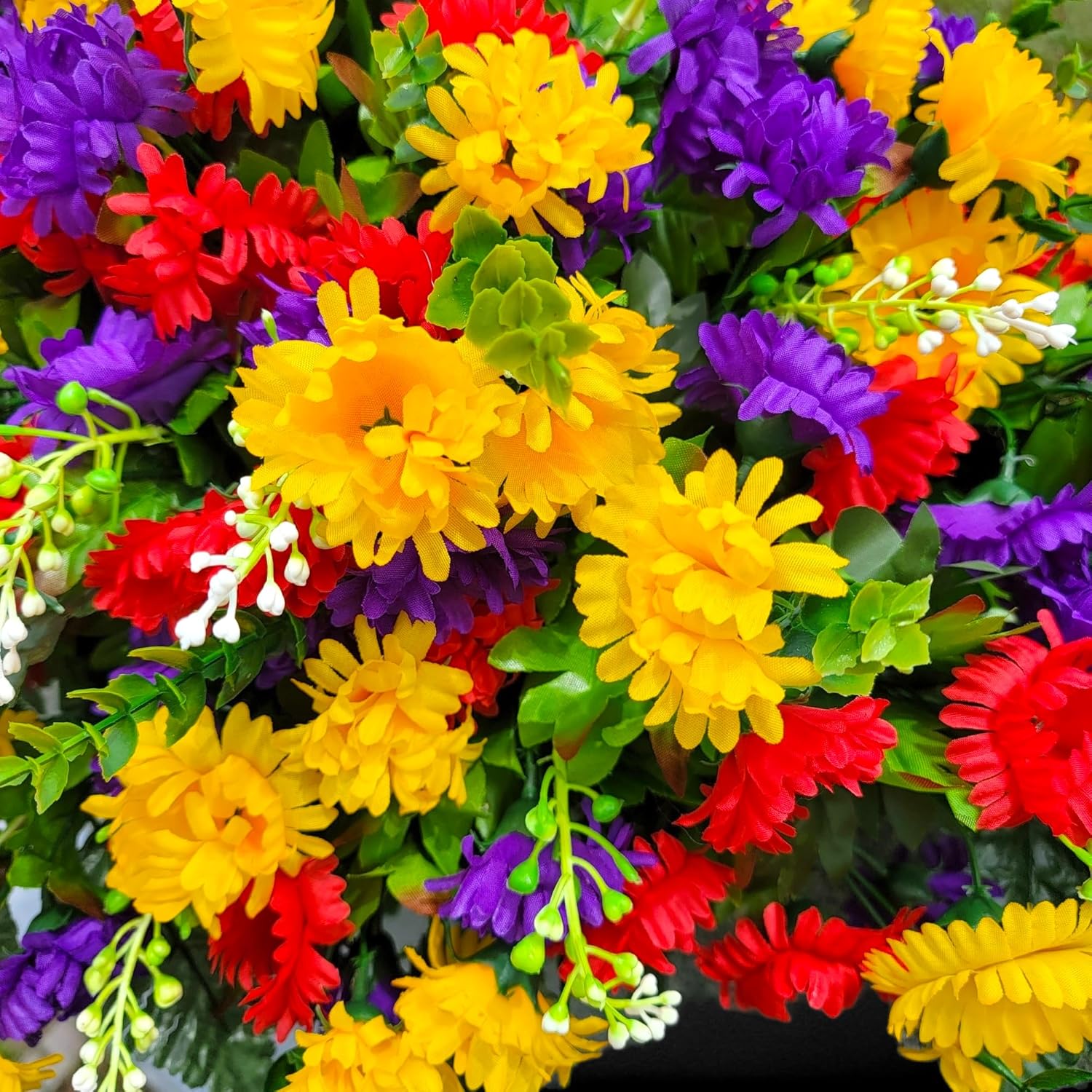 Cemetery Saddle Memorial Decoration - Realistic Silk Faux Floral Artificial Grave Flowers - Multicolor Red Yellow and Purple Mini Mums for Headstone Decorating