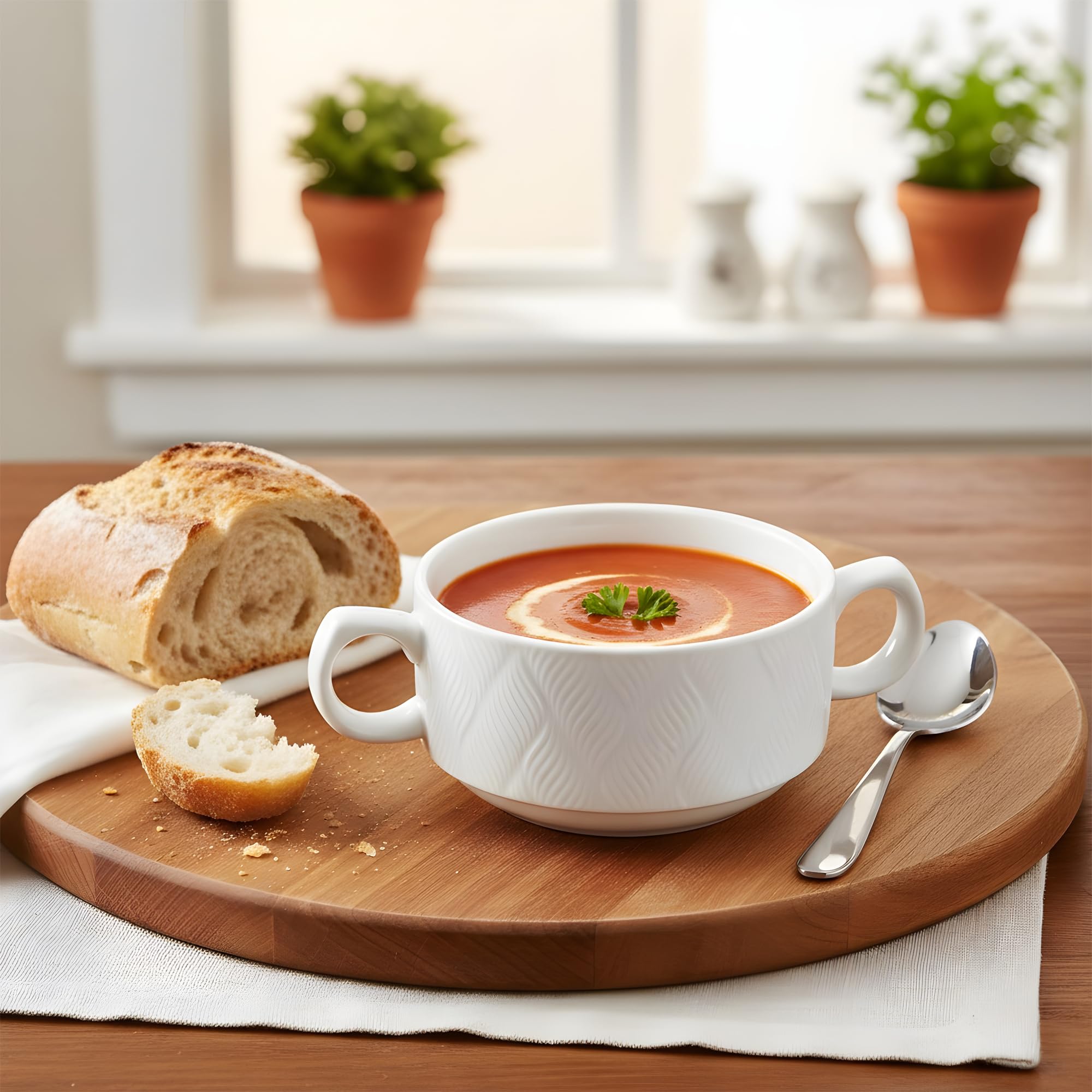 6 x Suppenschalen aus Keramik - 300 ml - Weiß Suppenschüssel mit Griffen Set von 6 - Suppenschüsseln für Suppe, Müsli, Ramen - Suppenteller - Suppentassen - Müslischalen