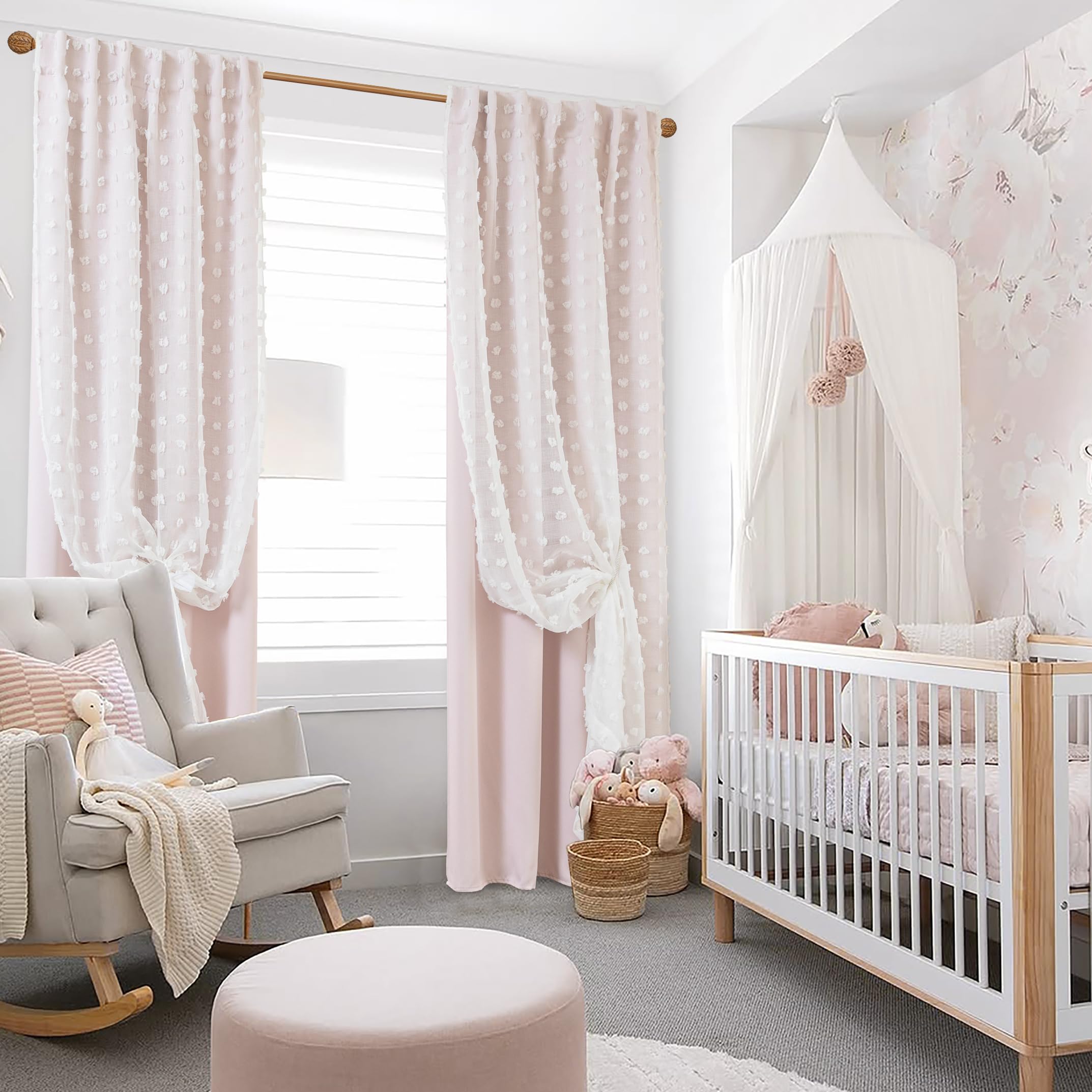 Cortinas con Pompones en la Parte Trasera Rosa y Blanco para habitación de niñas, Dormitorio, baño, Cuarto de bebé, Cortinas de Doble Capa de 45 Pulgadas de Largo