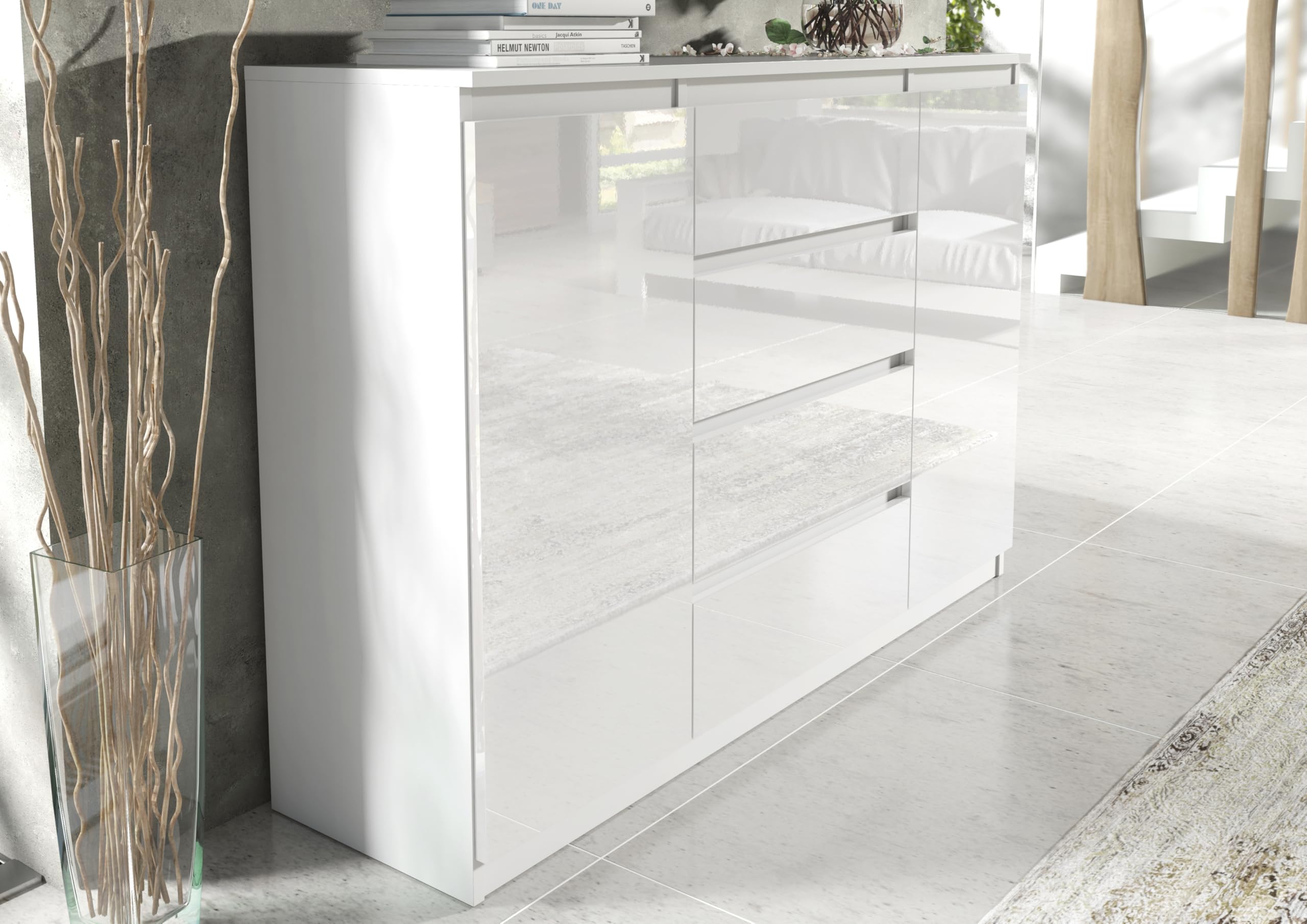 meble masztalerz Kommode Weiß Hochglanz-Fronten mit 4 Schubladen & 2 Türen 120 cm - Sideboard Wohnzimmer, Schlafzimmer - H:101,5 cm, B:120,4 cm, T:39 cm - Kommode mit Schubladen - Schubladenschrank