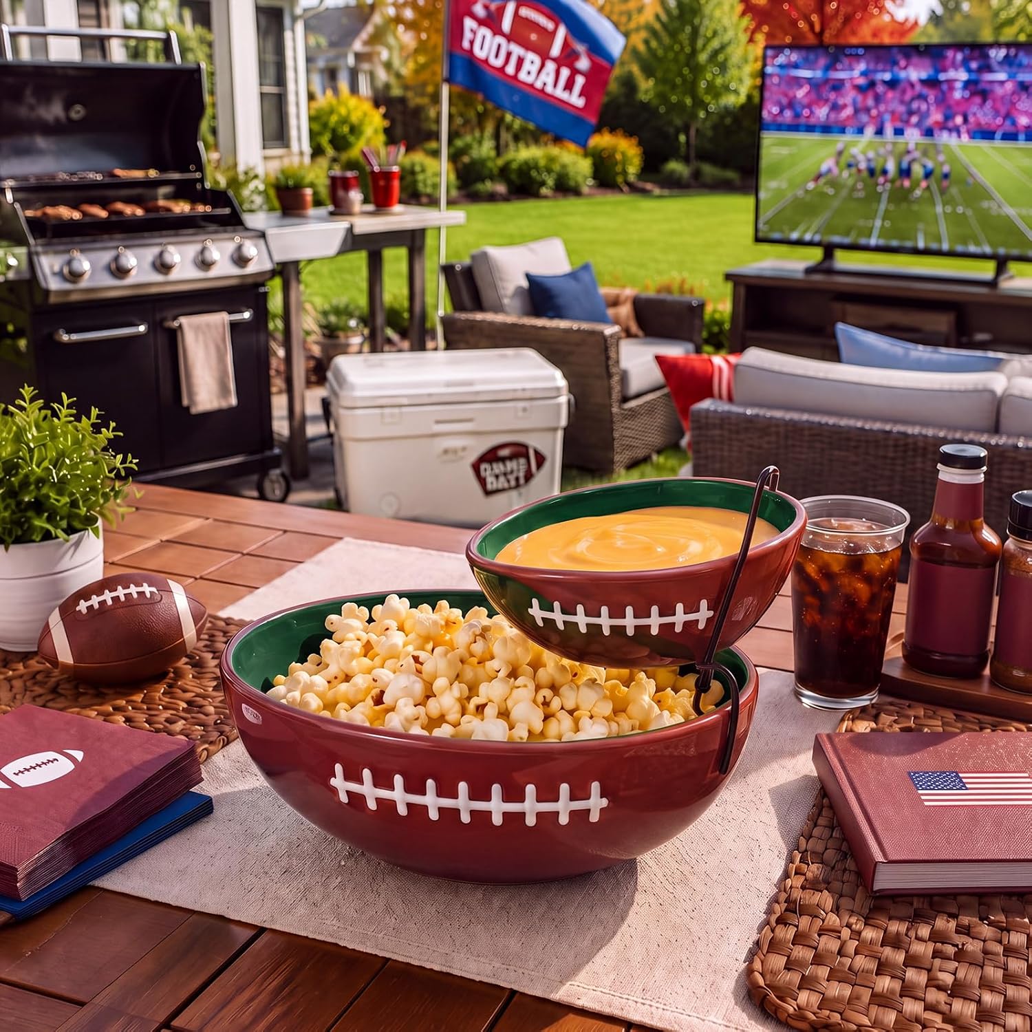 Domensi Ceramics 2 Tier Football Chip and Dip Bowl Serving Set with Stand