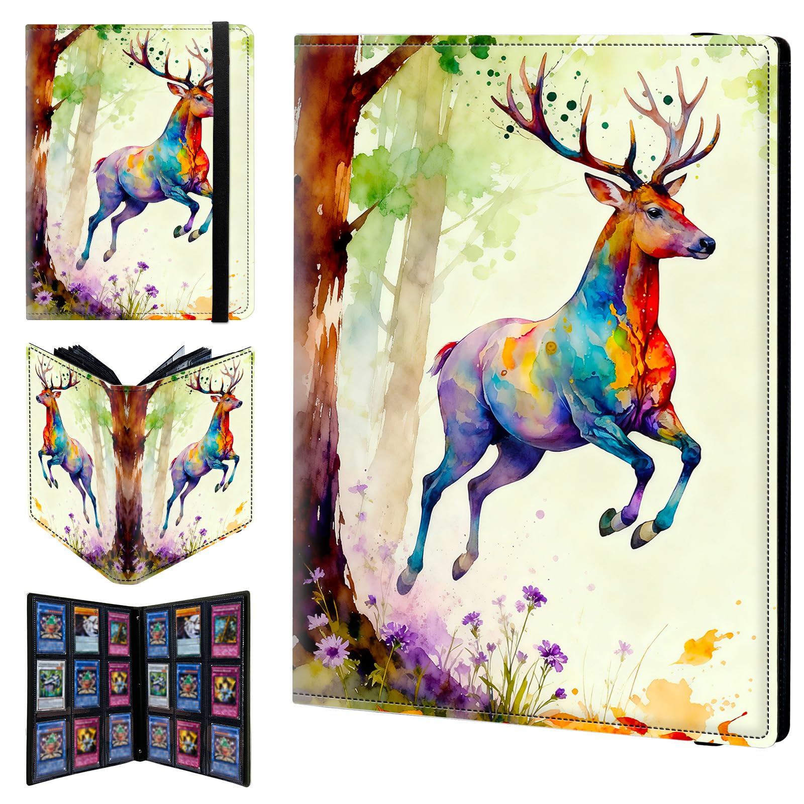 9 Pocket Trading Card Binder 720 Side Loading Pocket Album with Watercolor Forest and Deer Pattern Design Card Binder for Sports Cards & Game Cards — image 1