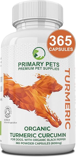 Primary Pets Premium Pet Supplies . Organic Turmeric for Dogs. 365 x 600mg Capsules. Curcumin Antioxidant Hip and Joint Aid Supplement with Active Piperine 12000mg