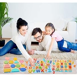 Wooden Puzzles for Toddlers, Voamuw Alphabet Number Shape Learning Education Preschool Toys for Kids Ages 3-6 Years Old (Set of 3)
