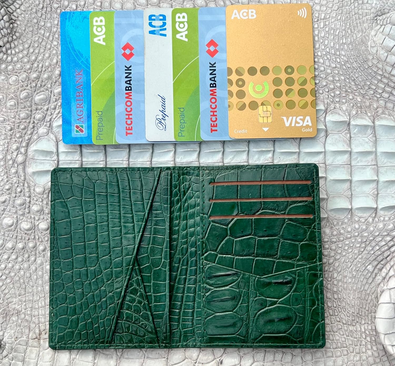 HATA Green AIIigator Bifold Leather Credit Card Holder with RFID Blocking Minimalist Croc Belly Double Side Front Pocket Wallet Travel ID Case Handmade Gift Men Father Boss Son GREEN-CARD-14