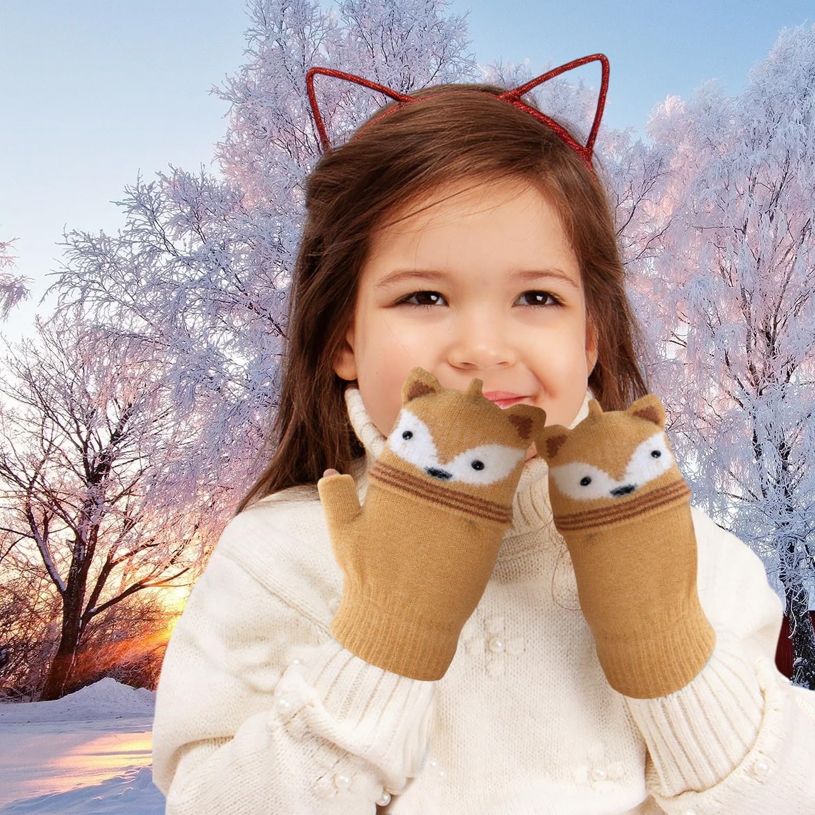 2 Pares Guantes para Niños sin Dedos, Guantes de Invierno para Niños, Cute Guantes Cálidos Convertibles con Tapa Abatible Suaves para Niñas y Niños de 3 a 9 Años