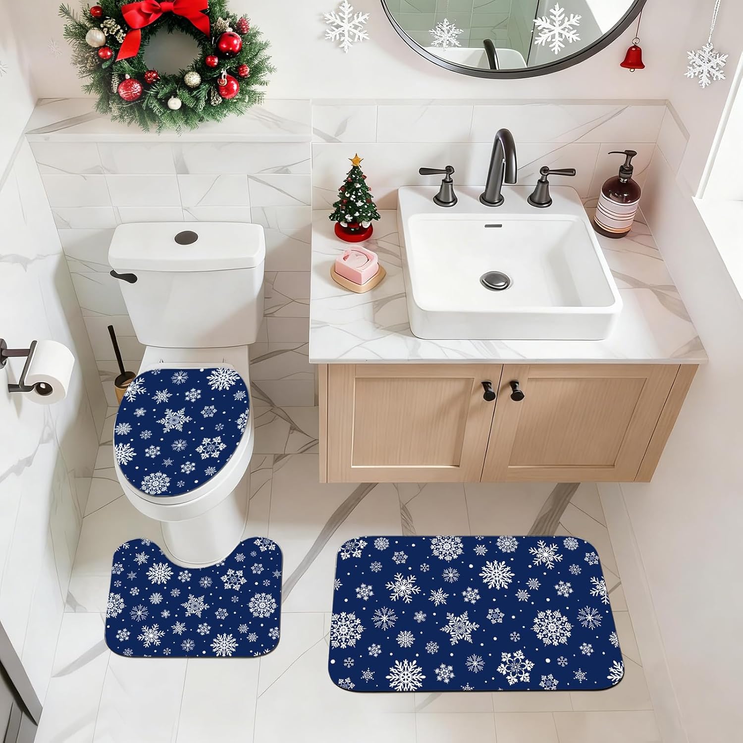 Mocsicka Christmas Snowflake Shower Curtain Set for Bathroom, 4Pcs Winter Snowflake Bathroom Sets with Non Slip Rugs, Toilet Lid Cover, Bath Mat, Shower Curtain, Bathroom Decor with 12 Hooks (Blue)