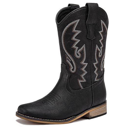 LAURMOSA Boys Cowboy Boots Western Square Toe Boots, Pull-On Mid Calf Embroidered Boots for Toddler Little Big Kid