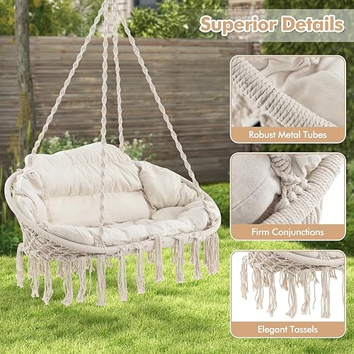 Miniatura 8 de Tangkula 2-Person Hanging Hammock Chair, Boho Style Macrame Hammock Swing with Soft Cushions, Tassels, Indoor Outdoor Cotton Rope Hanging Swing