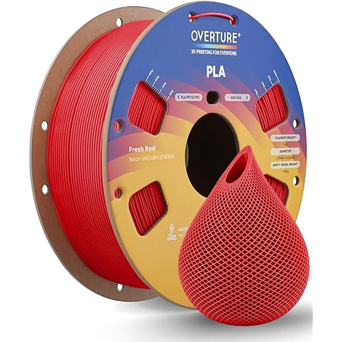 OVERTURE PLA Filament 1.75mm, Neatly Wound 3D Printer Filament 1kg Spool (2.2lbs), Dimensional Accuracy +/- 0.02 mm, Fit Most FDM 3D Printers (Fresh Red)
