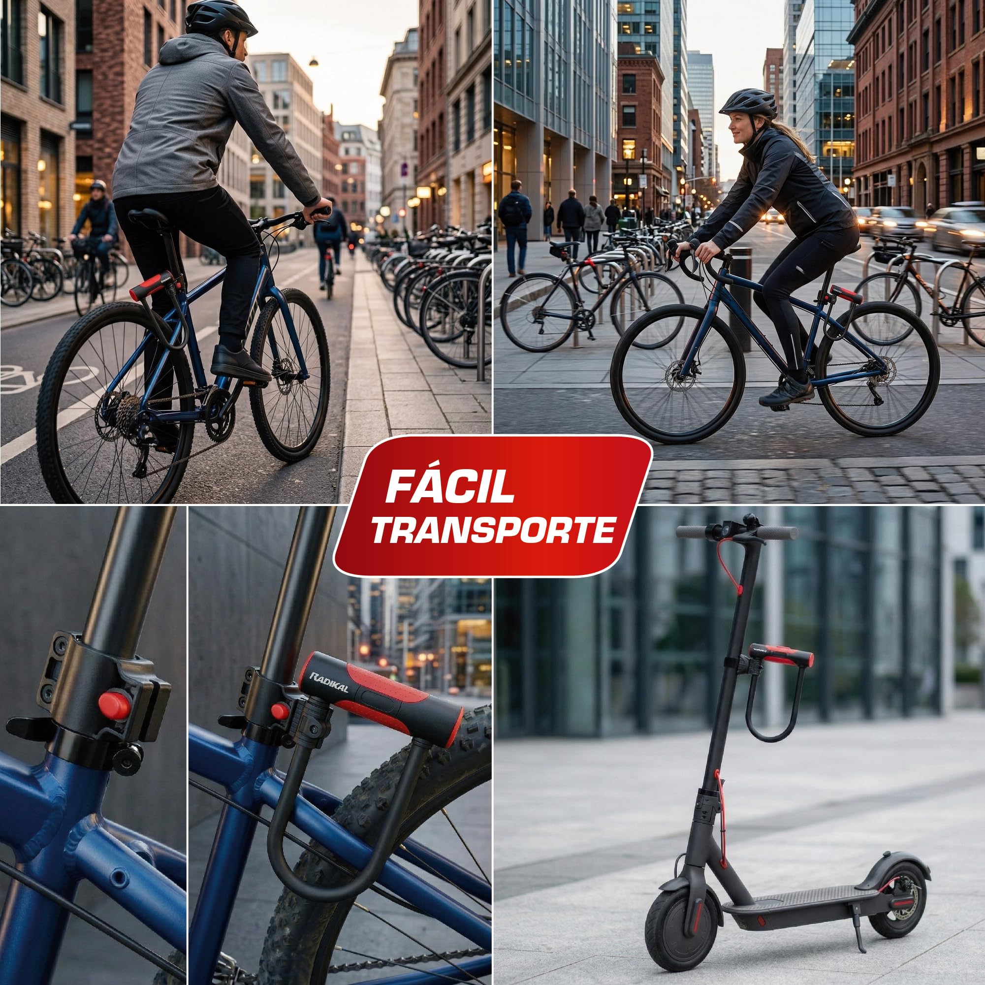 RADIKAL RK470 Candado Bicicleta en U con Cable 120cm, Antirrobo Bicicleta Acero Endurecido + Soporte, U Lock Bici Seguridad Urbana Resistente y Portátil, Candado Patinete Eléctrico, Scooter, 3 Llaves