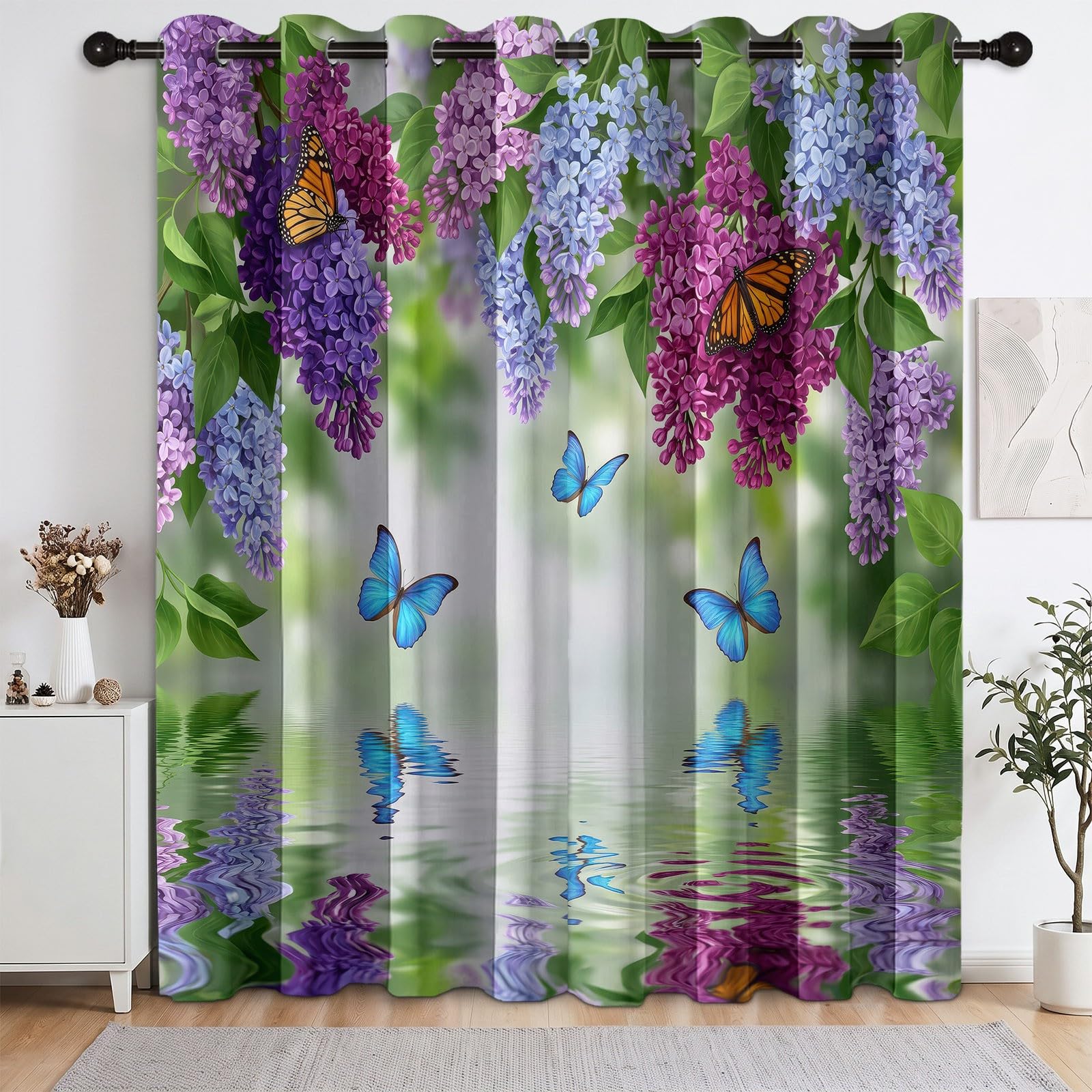 Generisch Natur Blumen Vorhänge für Schlafzimmer 138 x 117 cm (H x B), Thermo Verdunkelung Flieder Schmetterling Vorhang Wohnzimmer Kälteschutz - Blickdichte Gardinen mit Ösen, 2 Stück