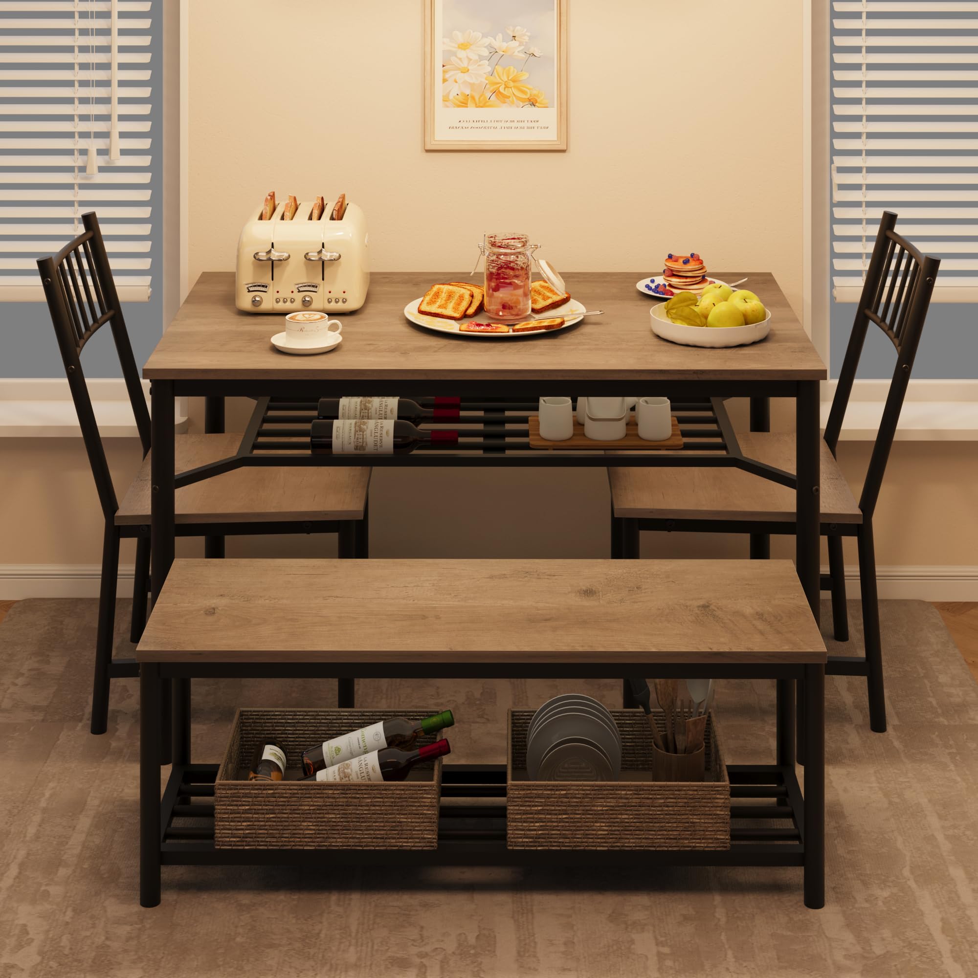 Essgruppe Esstisch Set 4-Teilig Esszimmertisch Mit 2 Stühlen & Bänken, Sitzgruppe Mit 2 Lagerregalen, Bartisch Mit Metallgestell, Industrial Esszimmergruppe Für Küche Esszimmer