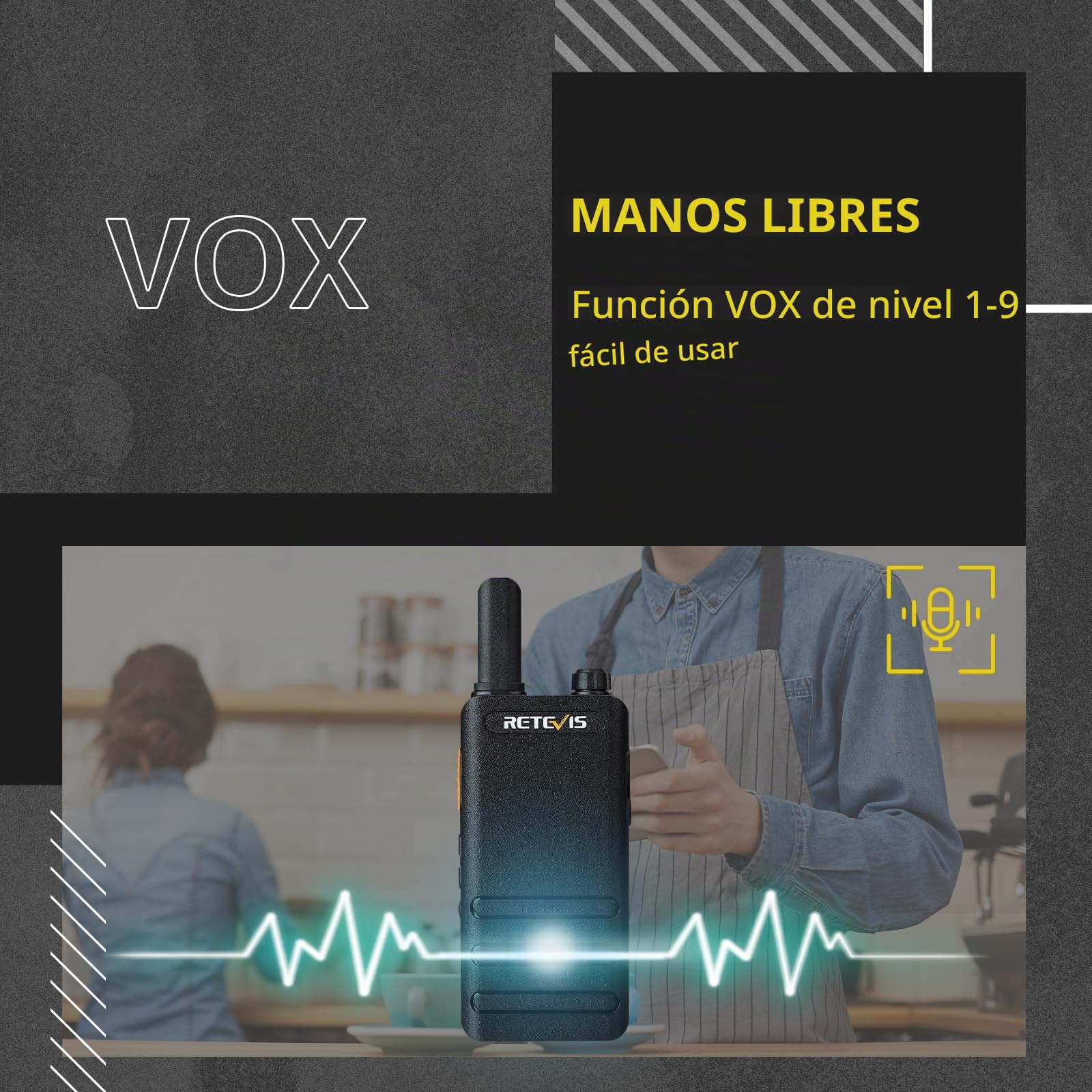 Retevis RT622P Walkie Talkie, Ultrafino Walkie Talkie Profesional 15mm, PMR446, USB-C, VOX, 1620 mAh, Recargable Walkie Talkies con Auriculares para Restaurante, Minorista, Escuela (4 Piezas, Negro)