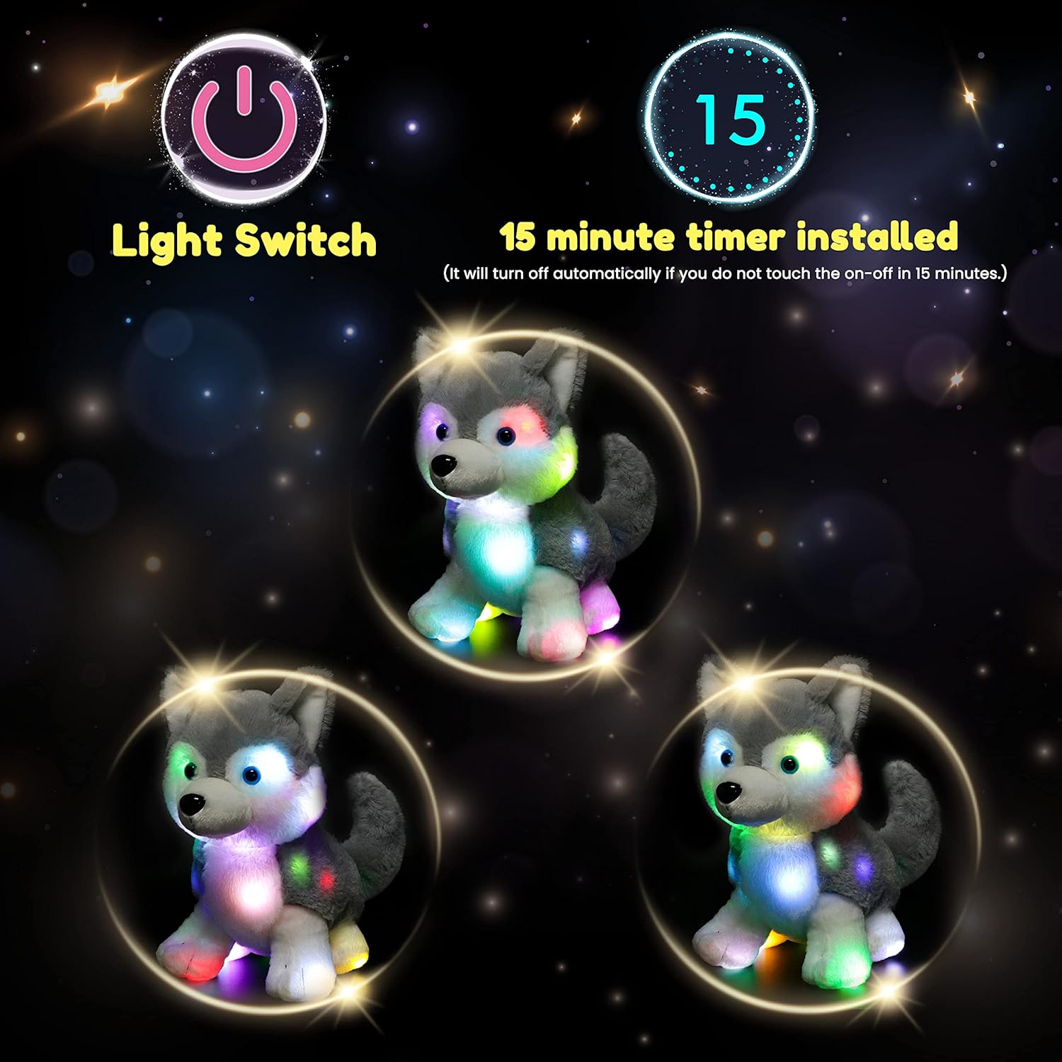 Hopearl LED Plush Husky Lighting Up Stuffed Animal Dog Floppy Puppy Night Lights Glow in The Dark Birthday Festival for Kids Toddlers Boys Girls, Gray, 12''