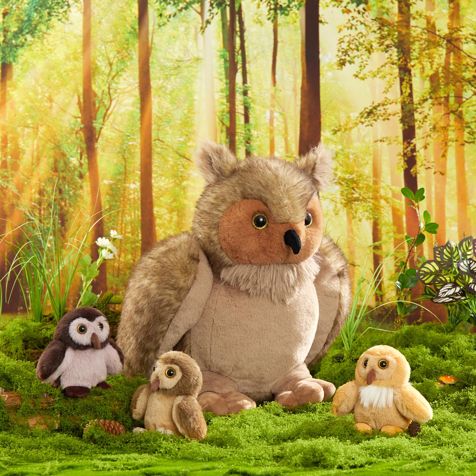 KERTA 4-in-1 Owl Stuffed Animals Set, 20 Inch Large Mommy Stuffed Owl Plush with 3 Babies Toy, Soft Owl Plush Pillow for Girls Boys Birthday Christmas Decor 4