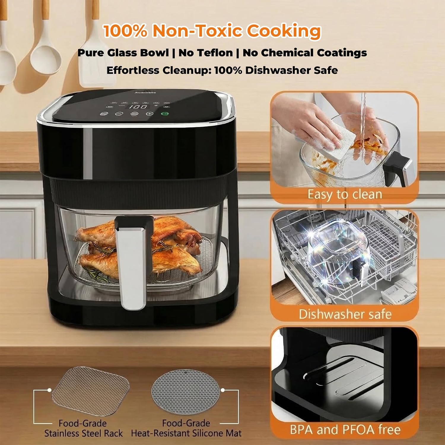 Glass Air Fryer, Non-Toxic Borosilicate Glass Basket with 360° View, Upgraded Food-Grade Stainless Steel Tray, 8-in-1 One-Touch Presets, Teflon-Free & Dishwasher Safe, Black