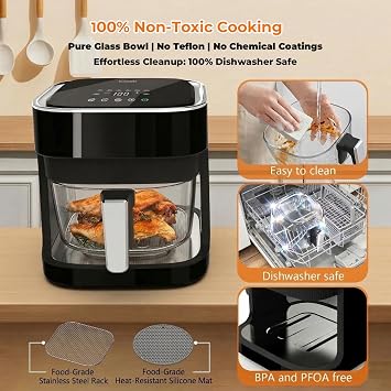 Glass Air Fryer 4.5 Qt, Non-Toxic Borosilicate Glass Basket with 360 View, Upgraded Food-Grade Stainless Steel Tray, 8-in-1 One-Touch Presets, Teflon-Free & Dishwasher Safe, Black